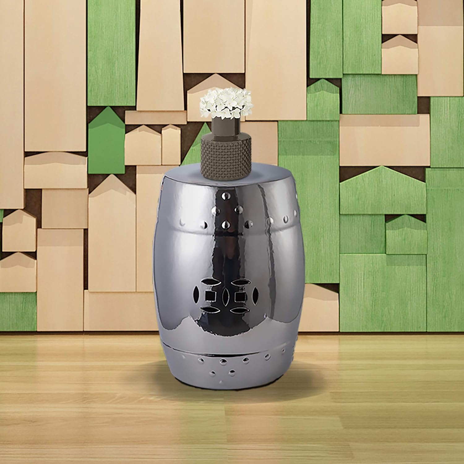 Knocbel Ceramic Decorative Garden Stool, Indoor/Outdoor Side Table Plant Stand, 240lbs Weight Capacity, 13" L x 13" W x 17.8" H (Silver) : Patio, Lawn & Garden