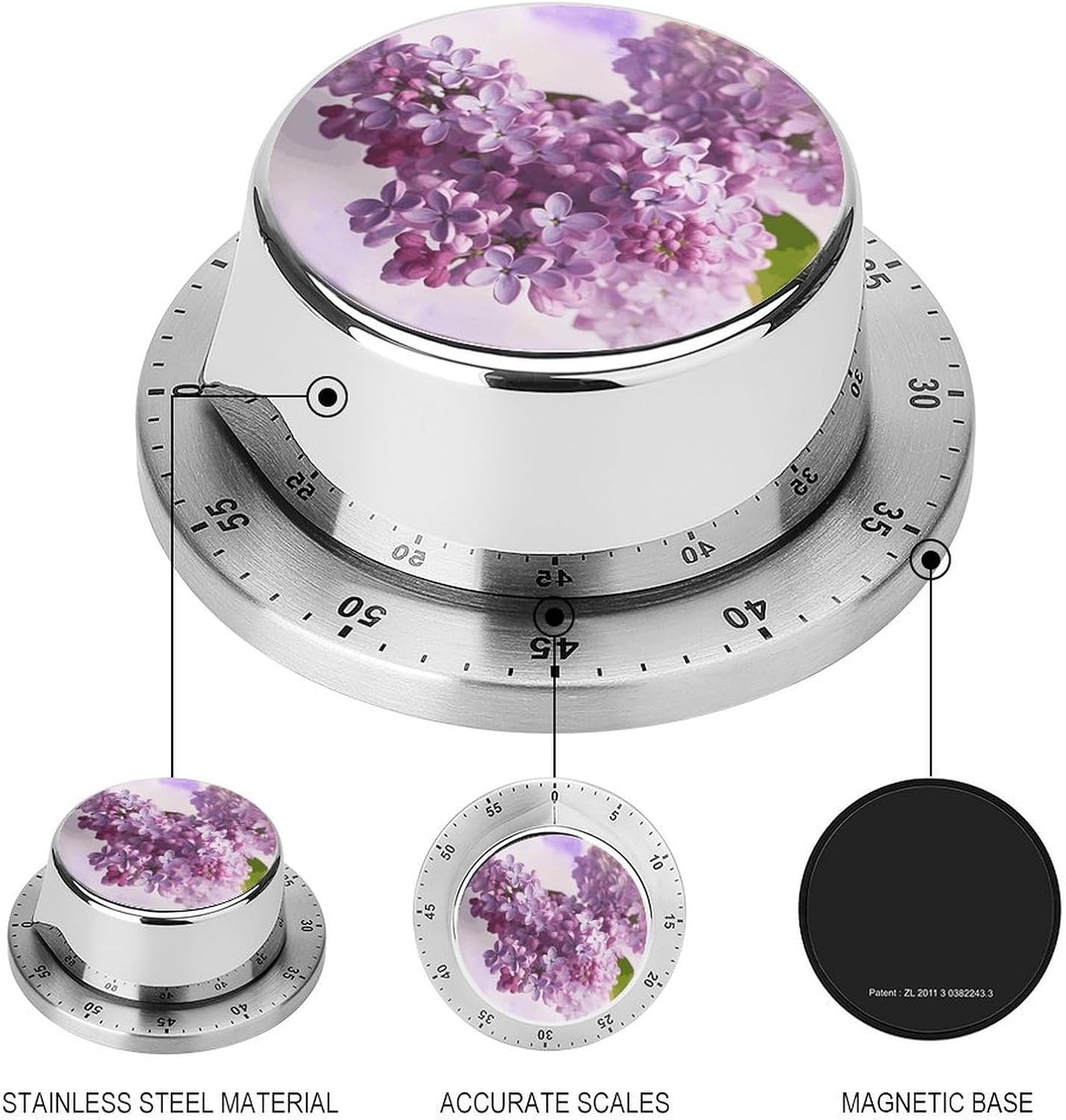 60 Minute Mechanical Kitchen Timer Clock, Stainless Steel Manual Countdown Timers, Magnetic Lilac Flowers Timer Wind Up Timers with Loud Ring for Cooking Study Baking Exercise