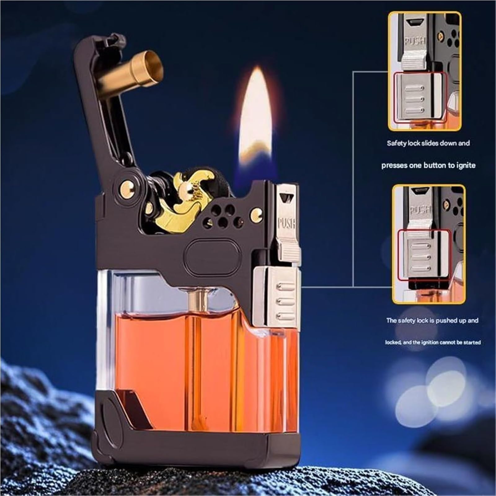 Encendedor retro de queroseno, resistente al viento, con depósito de combustible transparente y bloqueo de seguridad, ideal para coleccionar, acampar o regalo único