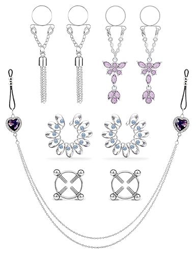 Ocptiy 9PCS Fake Butterfly Nipple Rings Chain Stainless Steel Fake Nipple Rings for Women Non-Piercing Dangle Nipplerings Faux Body Piercing Jewelry - Purple CZ Set