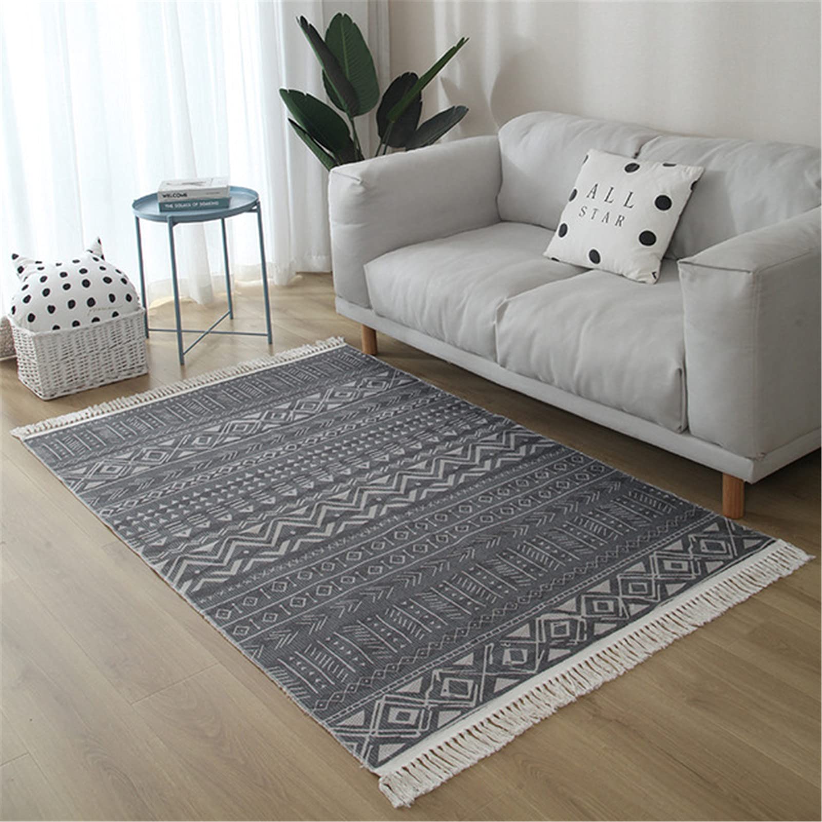 Boho Tappeto da bagno in cotone intrecciato con piccola nappa geometrica, tappeto da cucina, tappeto da bagno, tappeto da pavimento lavabile (A,160 x 230 cm)