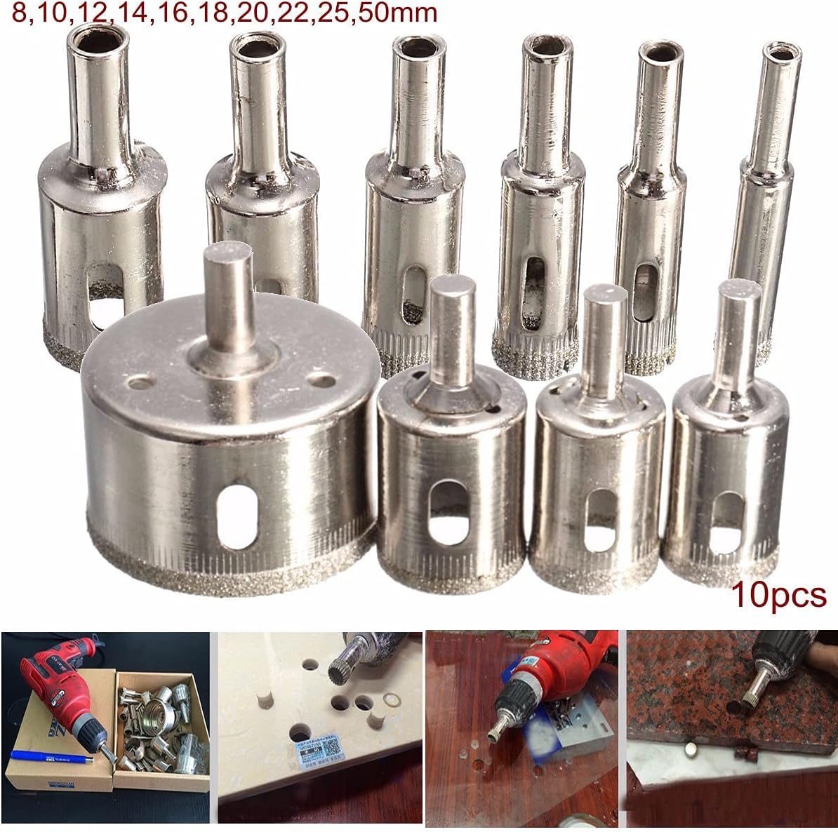 UPTODATETOOLS 10 Pcs 8mm-50mm Glass Hole Saw Drill Bit Set Cutting Remover Tools for Tiles Marble Granite Stone Ceramic DIY Diamond Hole Saw 1