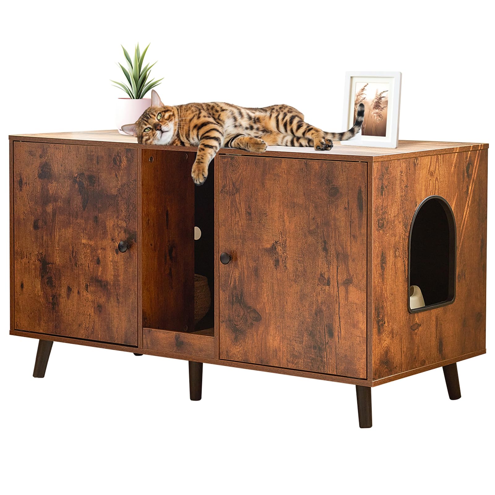 Litter Box Furniture for 2 Cats - Farmhouse Hidden Cat Litter Box Enclosure Cabinet Furniture Double Room, 42.3" TV Stand Side End Table Large Space for 2 Cats, Rustic Brown - image 8