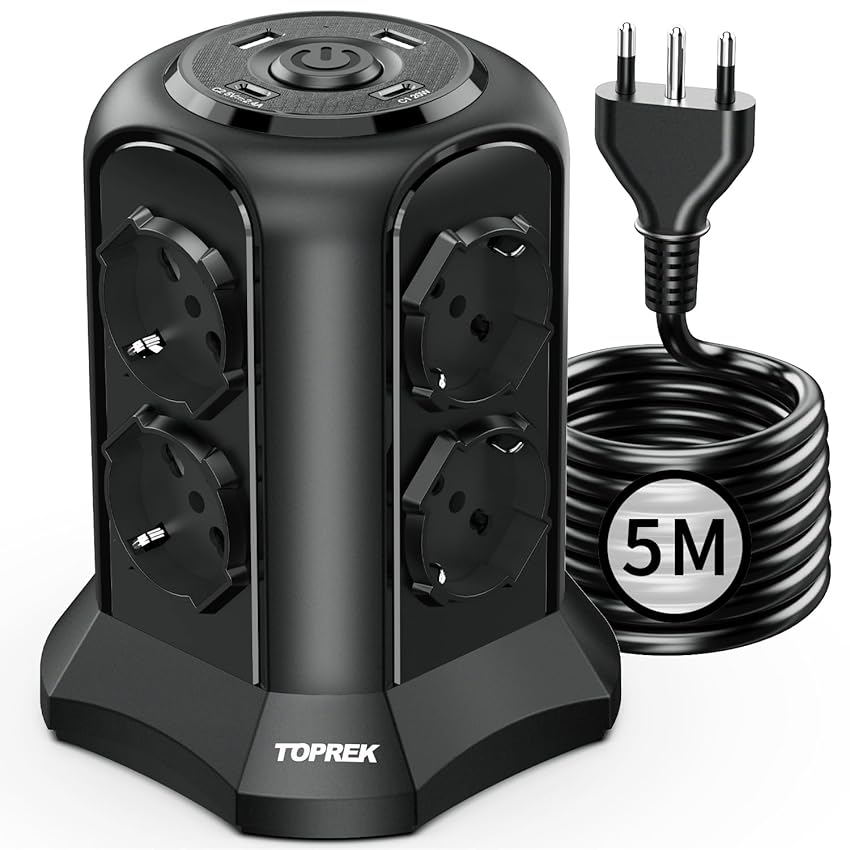 Immagine del prodotto TOPREK Multipresa Verticale con 8 Prese Universali ITA 10/16A e Schuko e 2 USB C e 2 USB A(USB-C1 20W PD3.0 Ricarica Rapida), 5M Cavo, 4000W/16A, Ciabatta Multipresa con Interruttore, Spina 16A, Nero