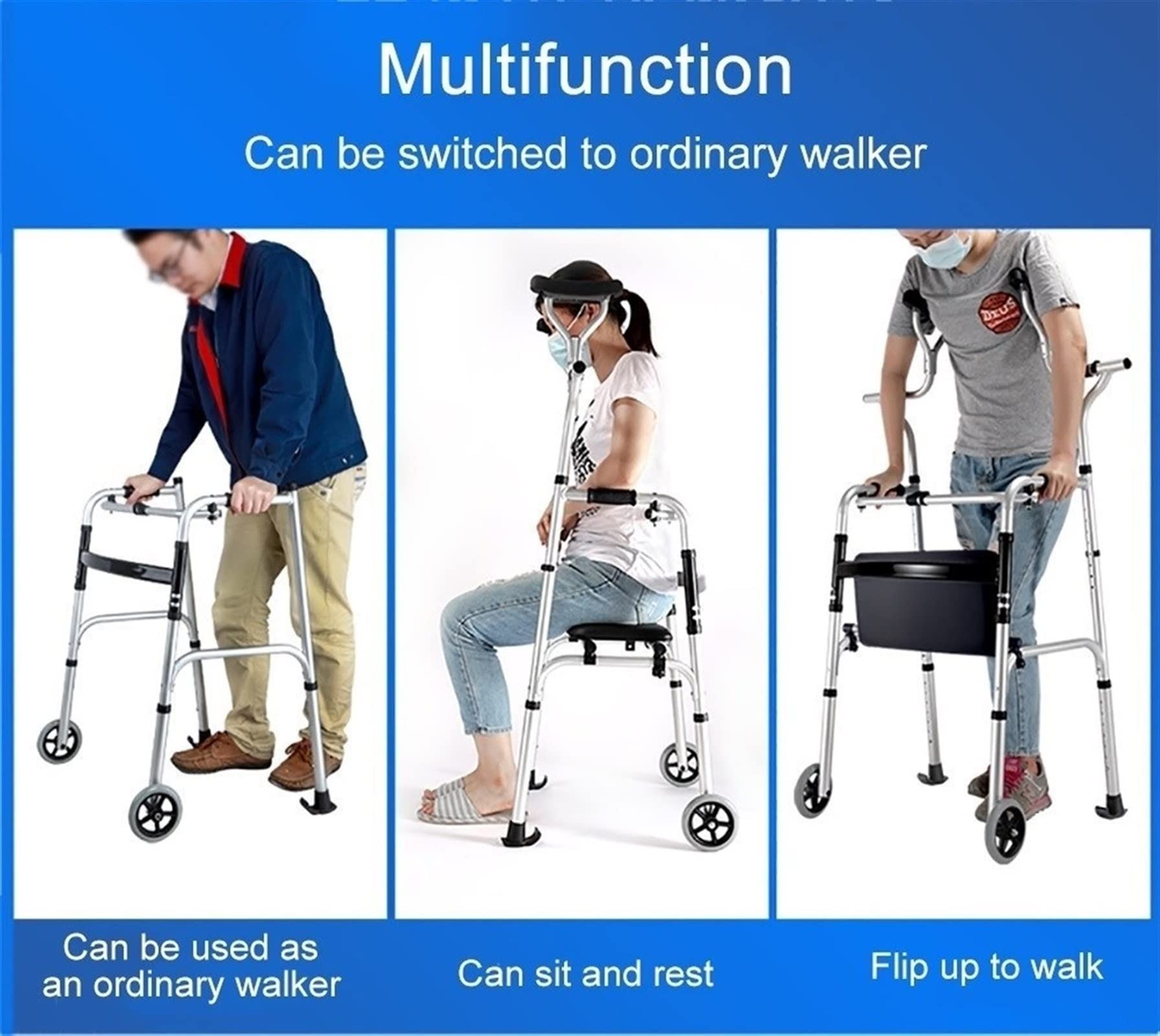 Deambulatore Rollator Deambulatori Verticali per Anziani con Sedile E Supporto Ascellare, Deambulatore Portatile Pieghevole/Ausilio per La Deambulazione per Persone Grandi O Disabili