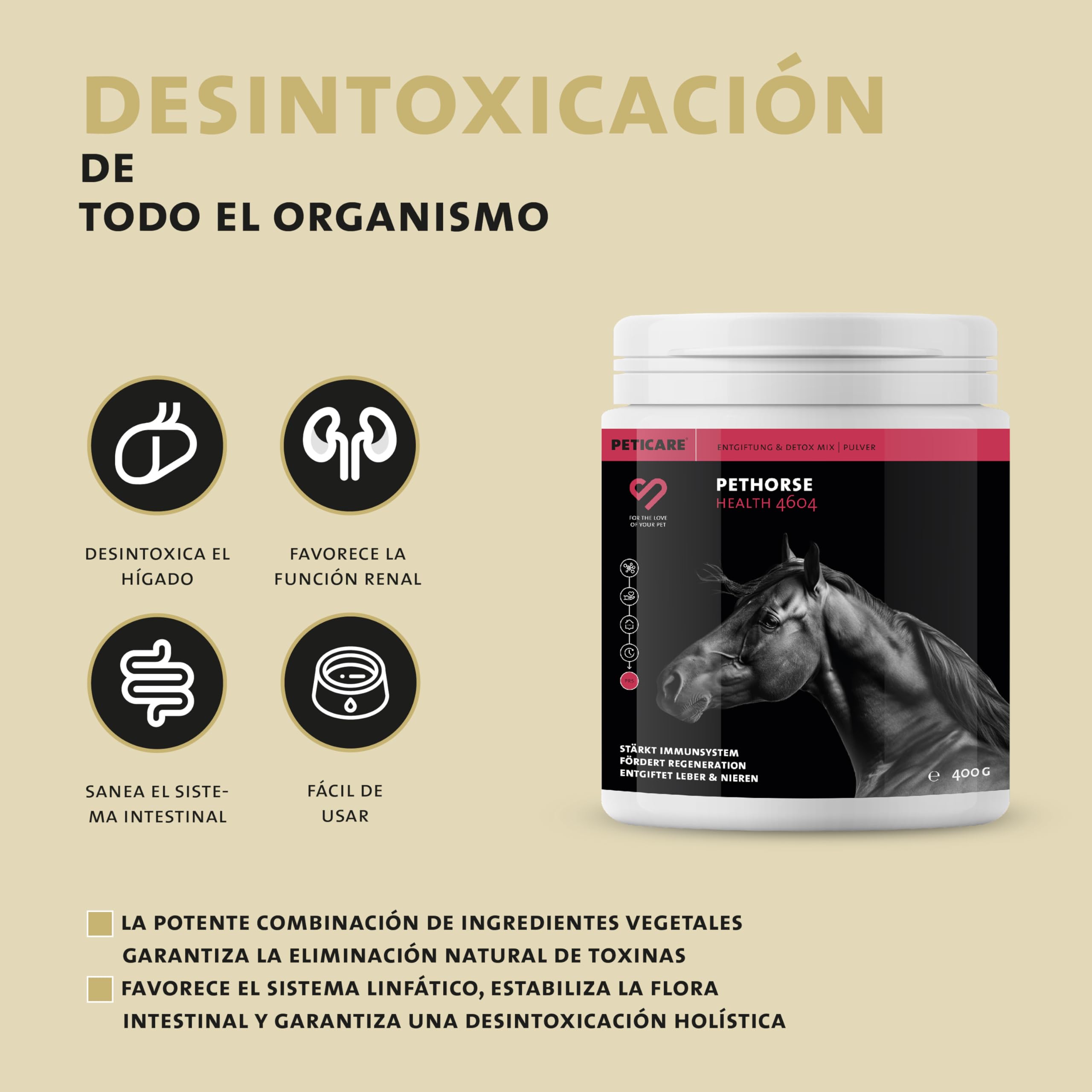 Peticare Detox Polvo para Caballos | Apoya Hígado & Riñones, Función Intestinal | Desintoxicación Natural | Ingredientes Herbales, MSM & Vitamina B6 | petHorse Health 4604
