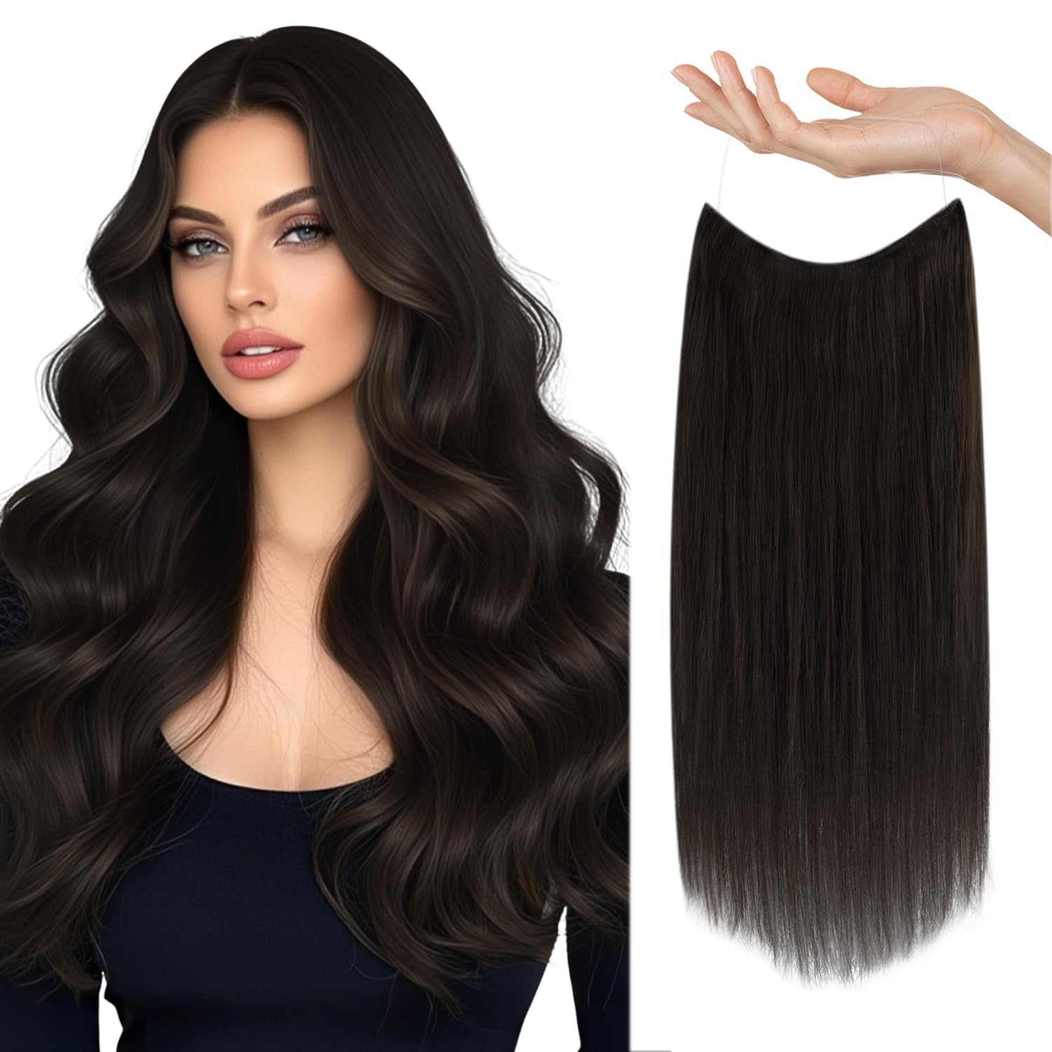 Sunny Wire Hair Extensions Real Human Hair Fish Line Human Hair Extensions Invisible Wire Extensions Darkest Brown #2 18 Inch