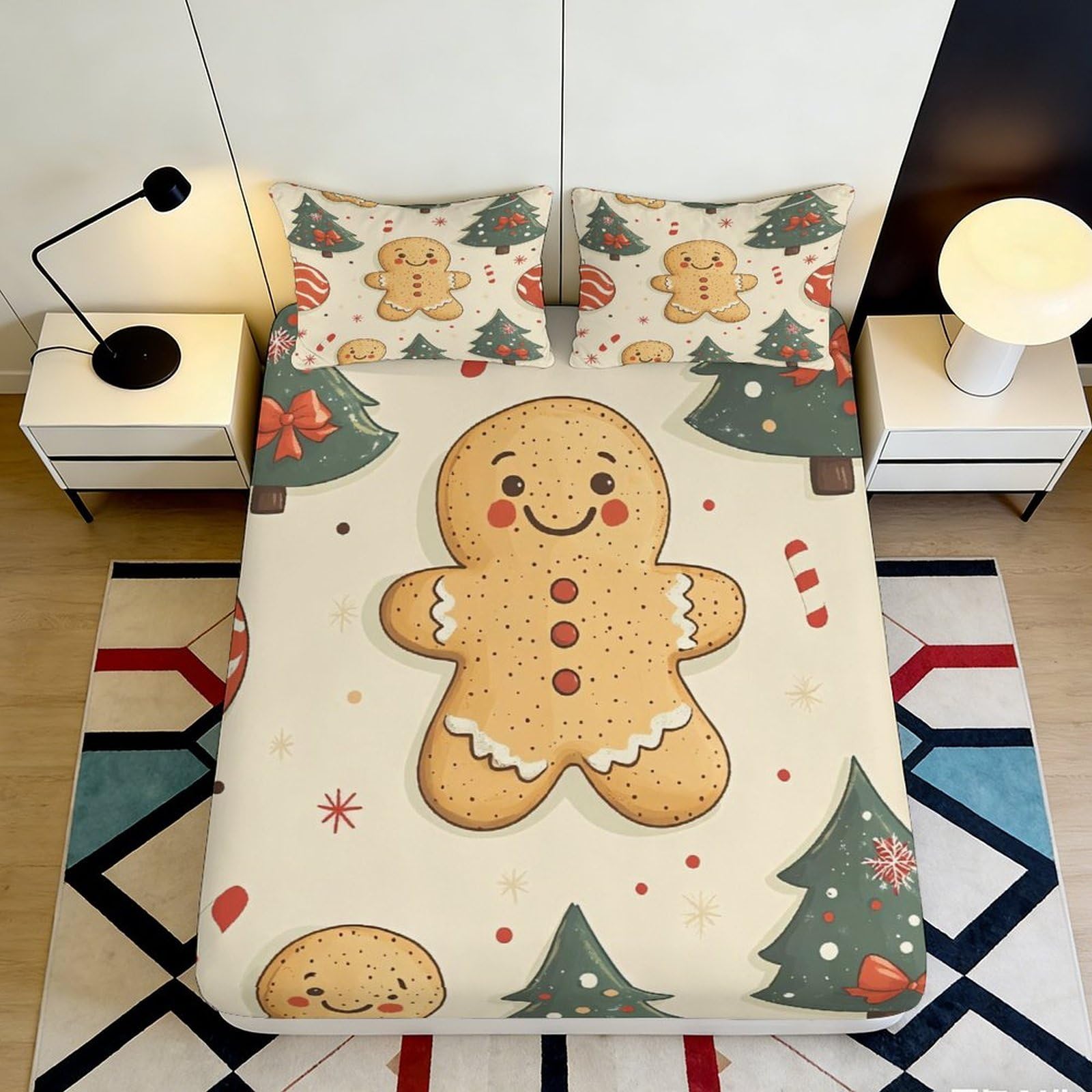 3D Printed Gingerbread Christmas Fitted Sheet Microfiber Soft Breathable Festive Tree Bed Cover for Bedroom Guest Room Decor 120x200x25cm