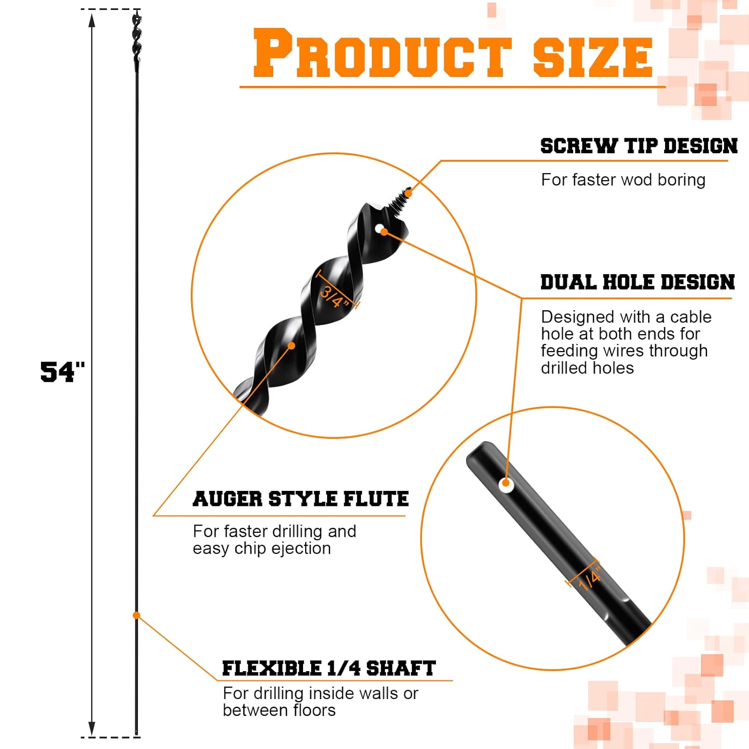 Lasnten 2 Pcs Flexible Drill Bit for Wire Pulling 54 x 3/4×1/4 Inch Long Auger Drill Bits with Fish Eye Hole and Screw Point for Wood Through Walls Ceilings and Sidewalks