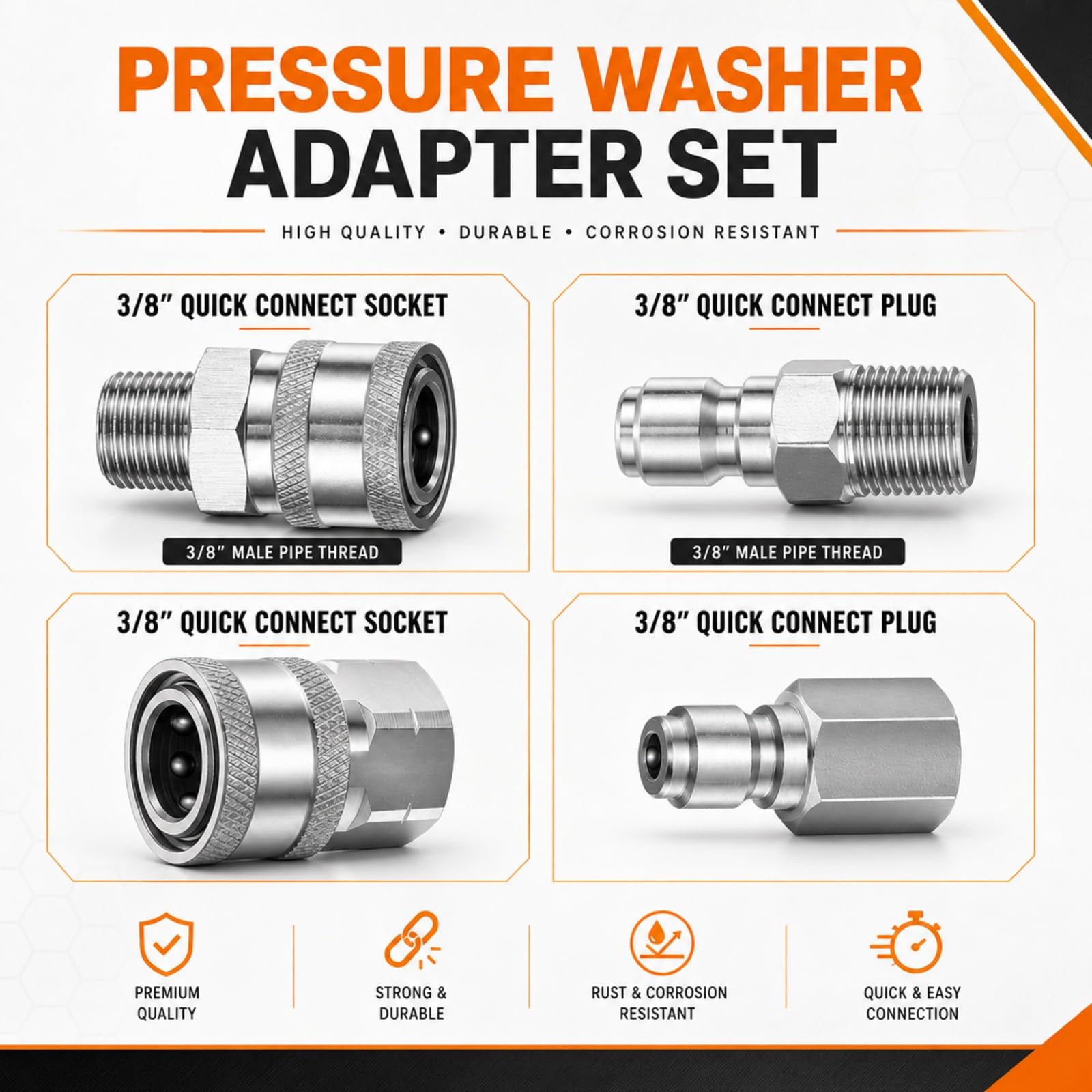 Hotop NPT - Kit di connettori rapidi per idropulitrice da 3/8" in acciaio inox maschio e femmina (6 set)