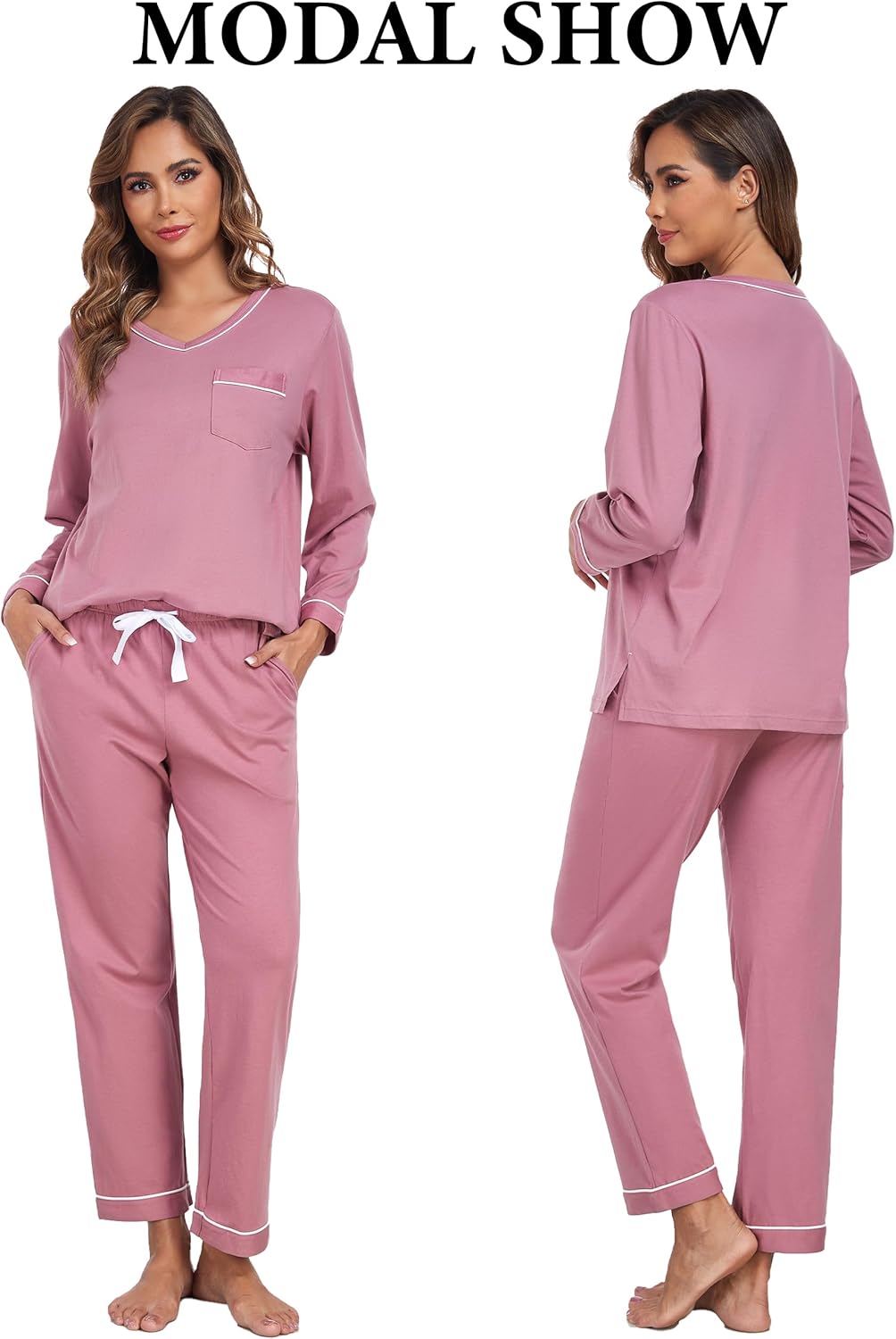 ANLIQI 100% Cotton Pajamas for Women Long Sleeve Fall Pajamas V Neck Top Sleepwear 2 Piece Pj Lounge Set with Pockets - Image 2