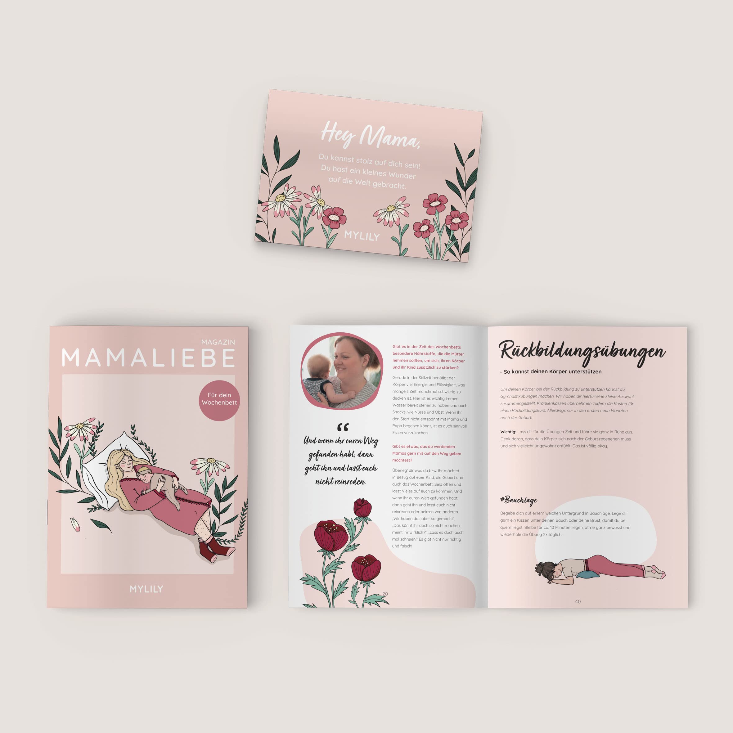 MYLILY® Hey Mama Kit I Mama Box dla kobiet w ciąży, wkładki do łóżka tygodniowego i akcesoria do łóżka tygodniowego, prezent dla przyszłej mamy, opracowany z położnymi, substancje odżywcze, z książką tygodniową (standard)