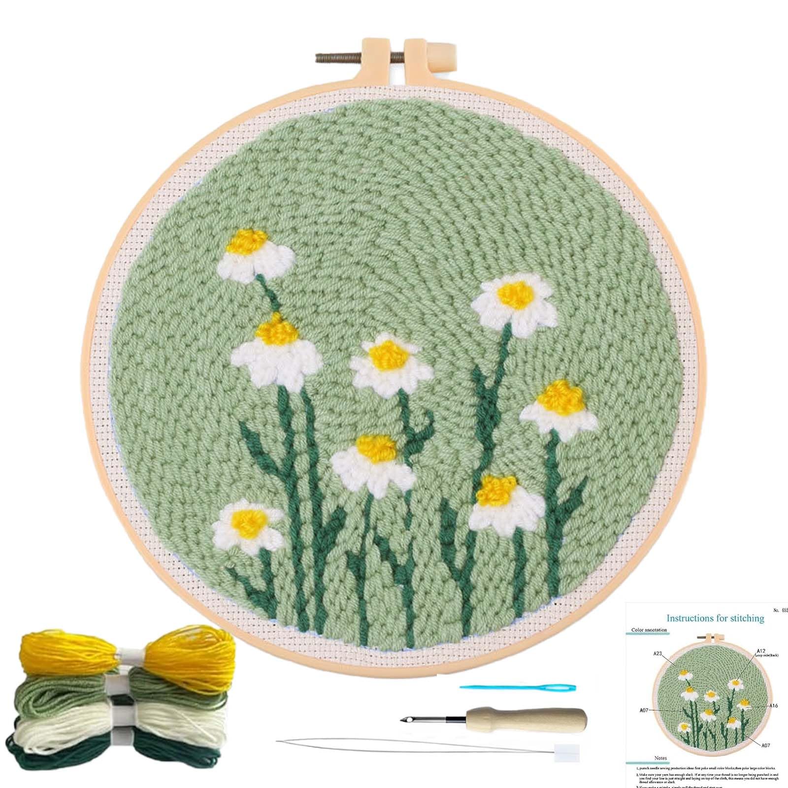 Punch Needle Embroidery Starter Kit - Fabric, Threader, Rug Hooking, DIY Embroidery Kit with Cloth Hoops, Instructions, Needles, Thread