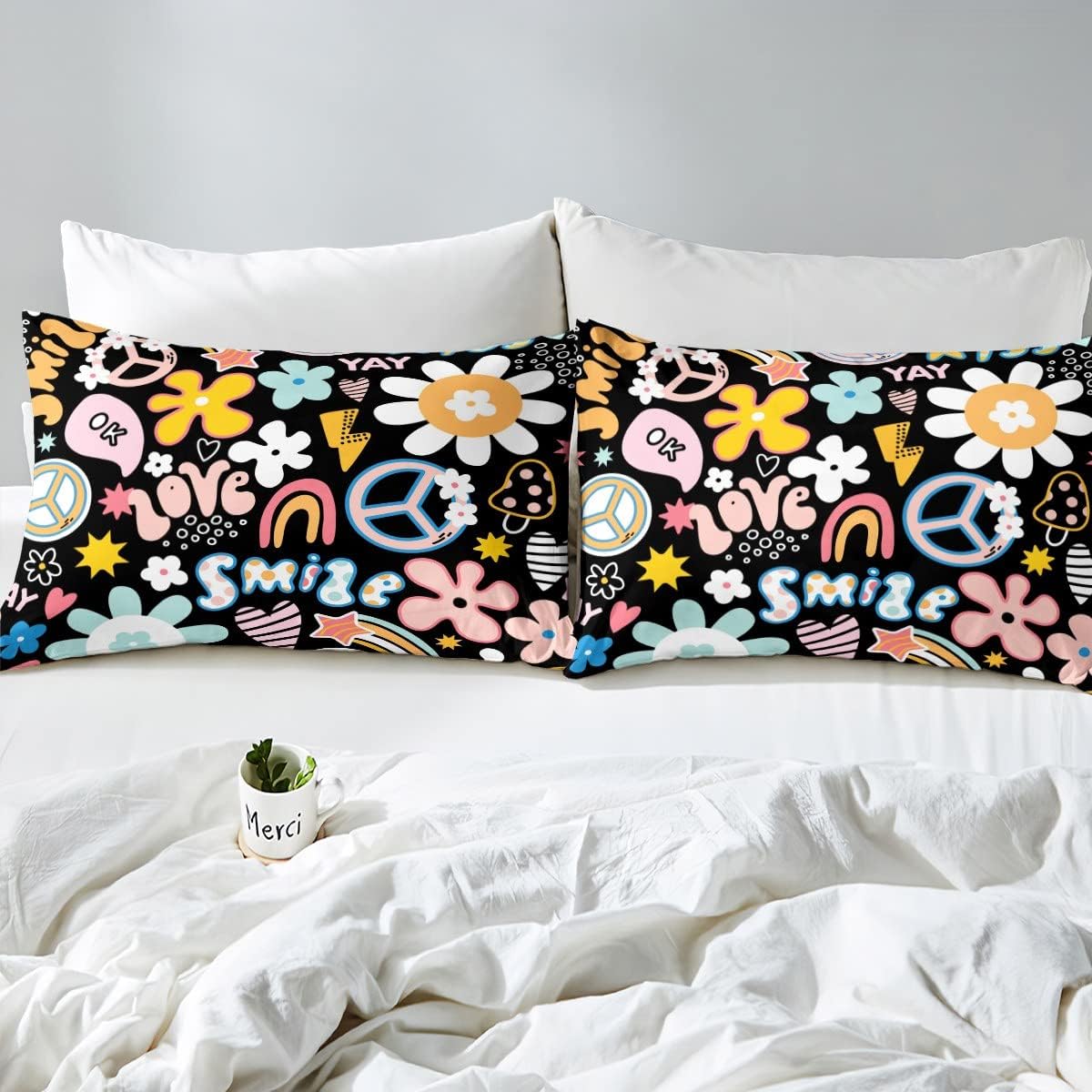 Groovy Flower Comforter Cover Twin for Kids Boys,Cartoon Rainbow Stars Daisy Peace Sign Bedding Set Cute Room Decor for Teen Girls,Hippie Aesthetic Funny Duvet Cover Y2K Decor Bedspread Cover