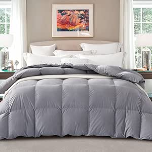 Amazon Brand - Pinzon All-Season Ultra Soft Feather Down Comforter Duvet Insert, 100% Cotton, Medium Warm, Grey, Full/Queen-All Season