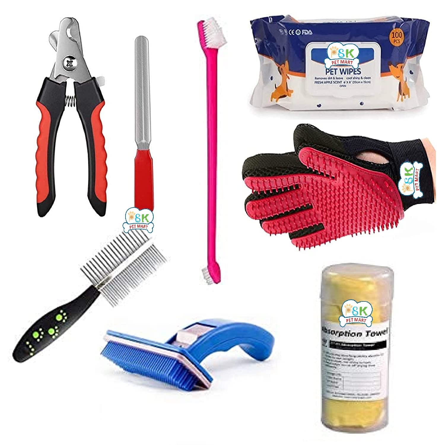 PSK PET MART 7 in 1 Dog Grooming Kit - Pack of Blue Slicker| Reversible Grooming Glove| Wipes| Toothbrush | Towel | Double Side Comb | Nail Cutter Small - Color May Vary (B09W9XRCDN) Amazon Price History, Amazon Price Tracker