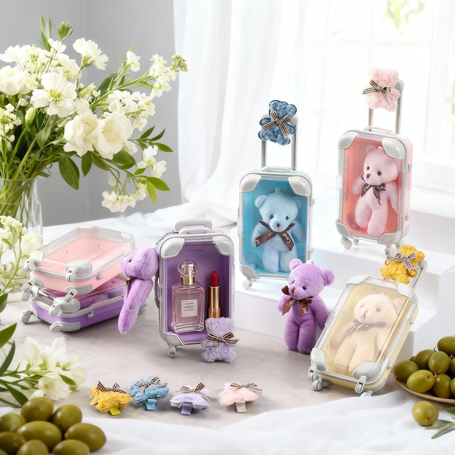 Kenning 36 Pcs Mini Empty Suitcase Storage Box Clear Travel Candy Box Suitcase with Bear Keychain Hairpin for Girls Women Wedding Birthday Bridal Shower Party Favors Travel Gifts (L,Multicolor)