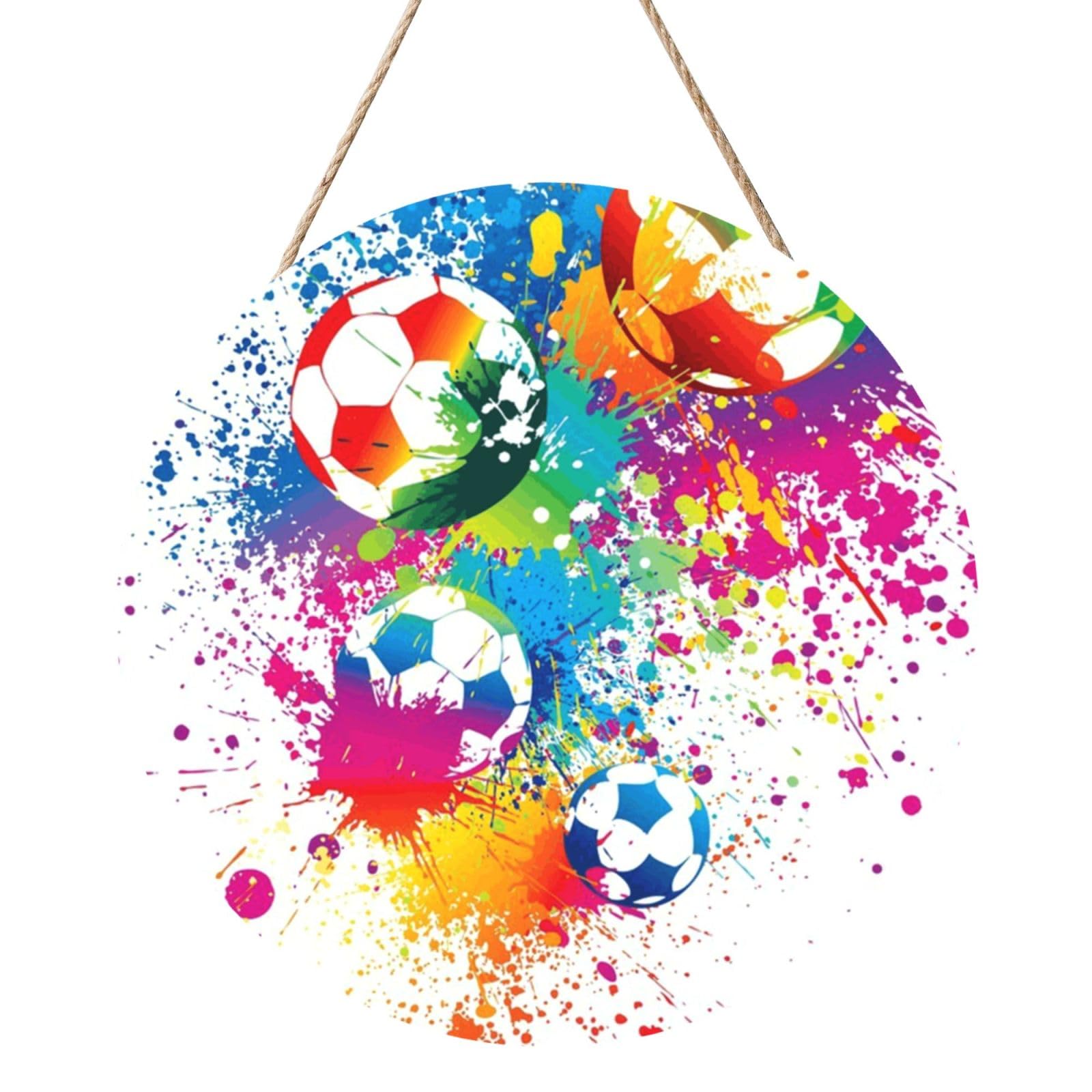 InOmak Colored Splashes All Over The Soccer, Round Wood Panel Painting 12 in, Wall Hanging Painting For Home