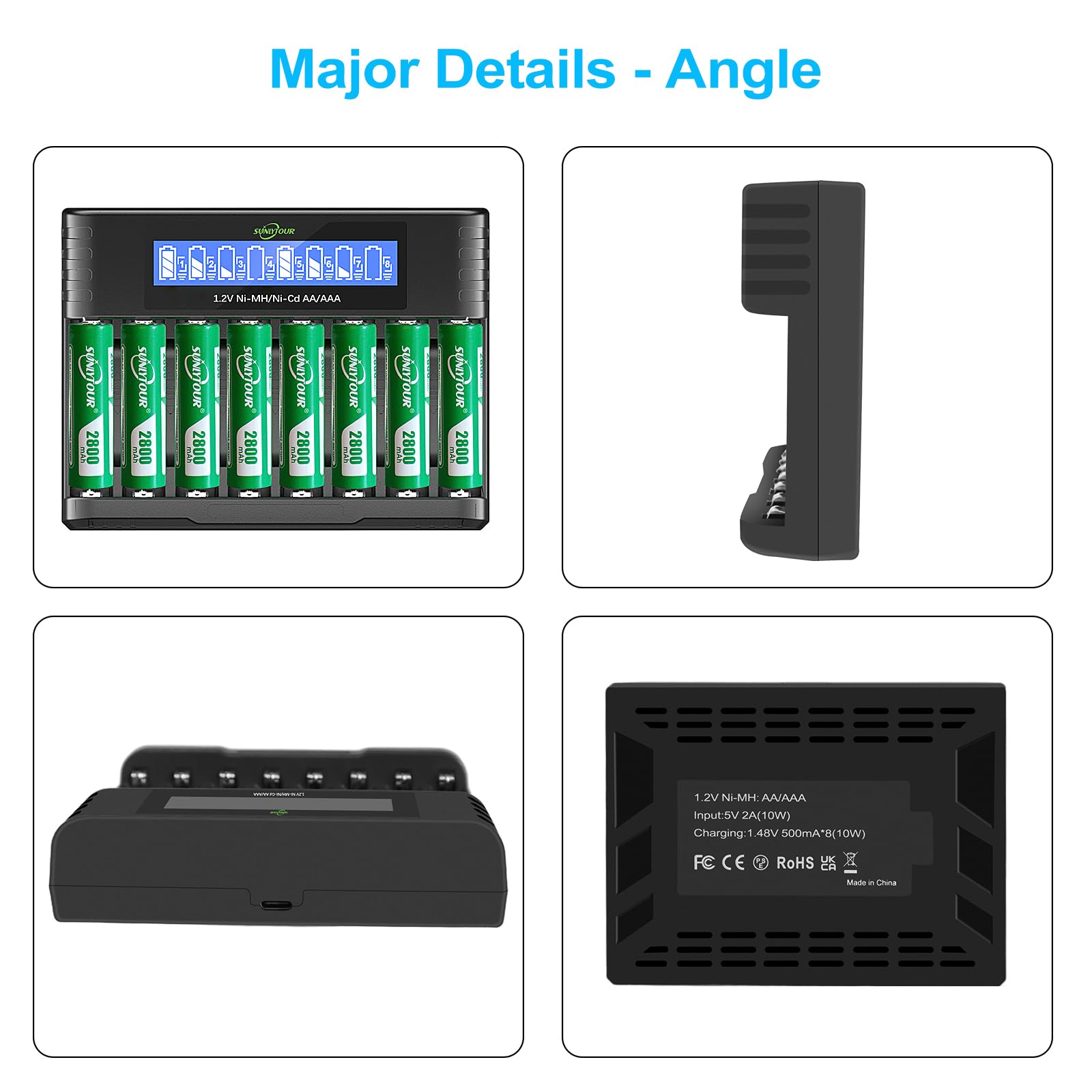 2800mAh Ni-MH AA Batterie avec Chargeur, SUNLYTOUR 8 Piles 2800mAh AA Ni-MH Batterie avec 8 Slots Chargeur de Batterie Jusqu'à 1200 Fois