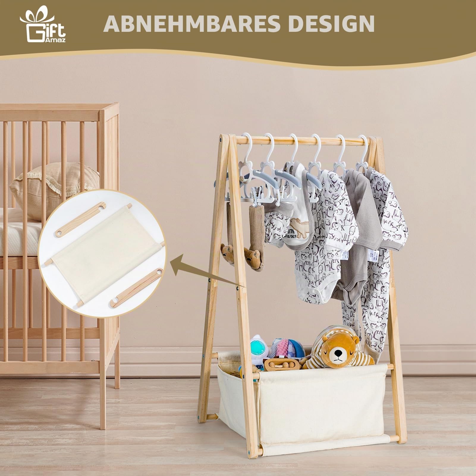 GiftAmaz Holz Babykorb für Babyparty, Zweistöckiger geschenkkorb baby, Baby Aufbewahrungskiste aus Holz mit Kleiderbügeln, Baby Shower Deko Baby Geschenk zur Geburt für werdende Eltern