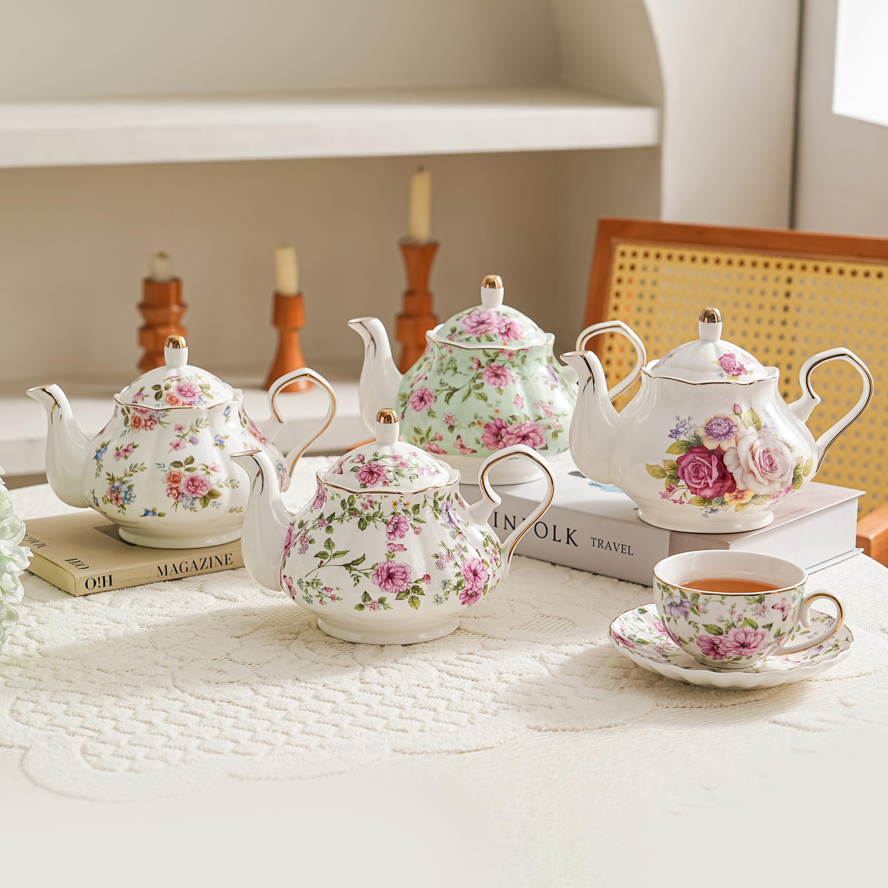 Agyiuns Tetera con flores blancas y grandes, 625 g, porcelana, cerámica, verdadera, 14 x 19 x 14 cm, tetera de hojas sueltas, infusiones de té, juego de fiesta de té
