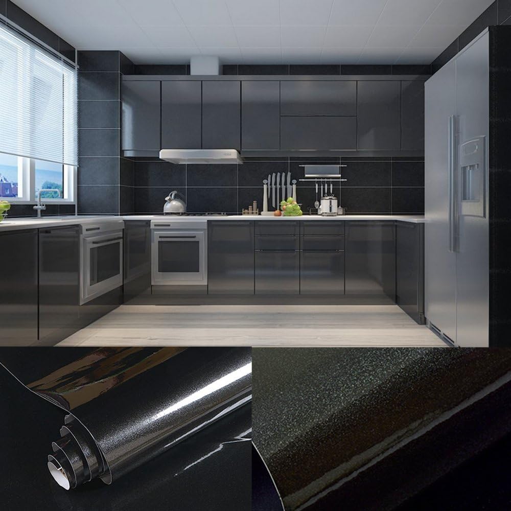 SOLDGOOD 5.5M x 0.61M PVC Back Sticky Self Adhesive Kitchen Wallpaper Rolls Stickers (61cm*5.5m, Black)