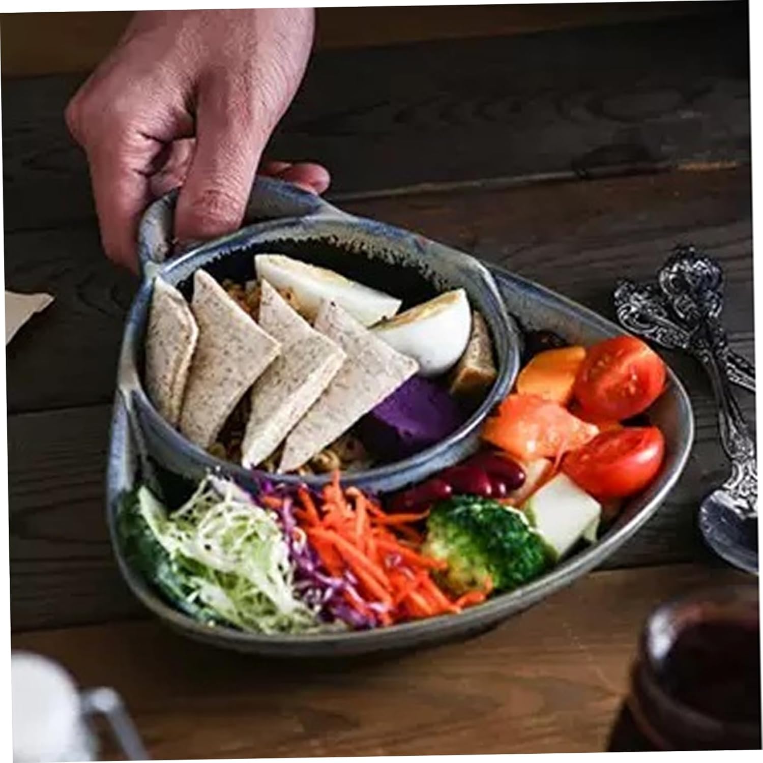 2Pcs Soup Bowls Retro Ceramic Chip and Dip Bowl with Handles Creative Soup & Side Plate for Salad, Dessert, Fruit for Kitchen