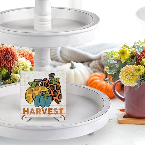 Miniatura 6 de Decoración de escritorio de calabaza de otoño, placa de madera con soporte de madera, cosecha de Acción de Gracias, rústica, granja, decoración del