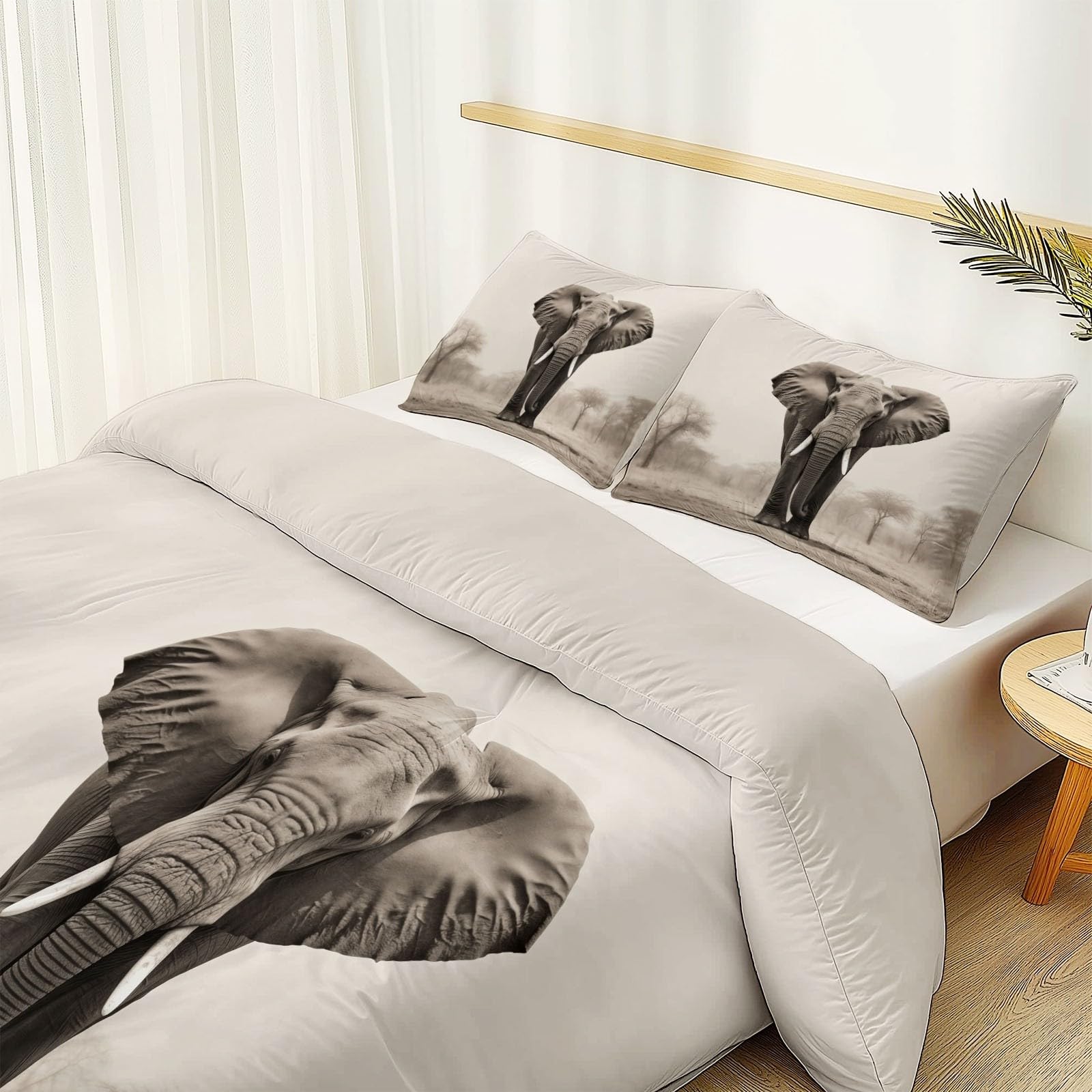 Copripiumini 200 x 200 cm 3 pezzi,reversibile Morbido Stampe Elefante Documentario Natura Selvaggia set da letto federe copripiumino per adulti Bianco