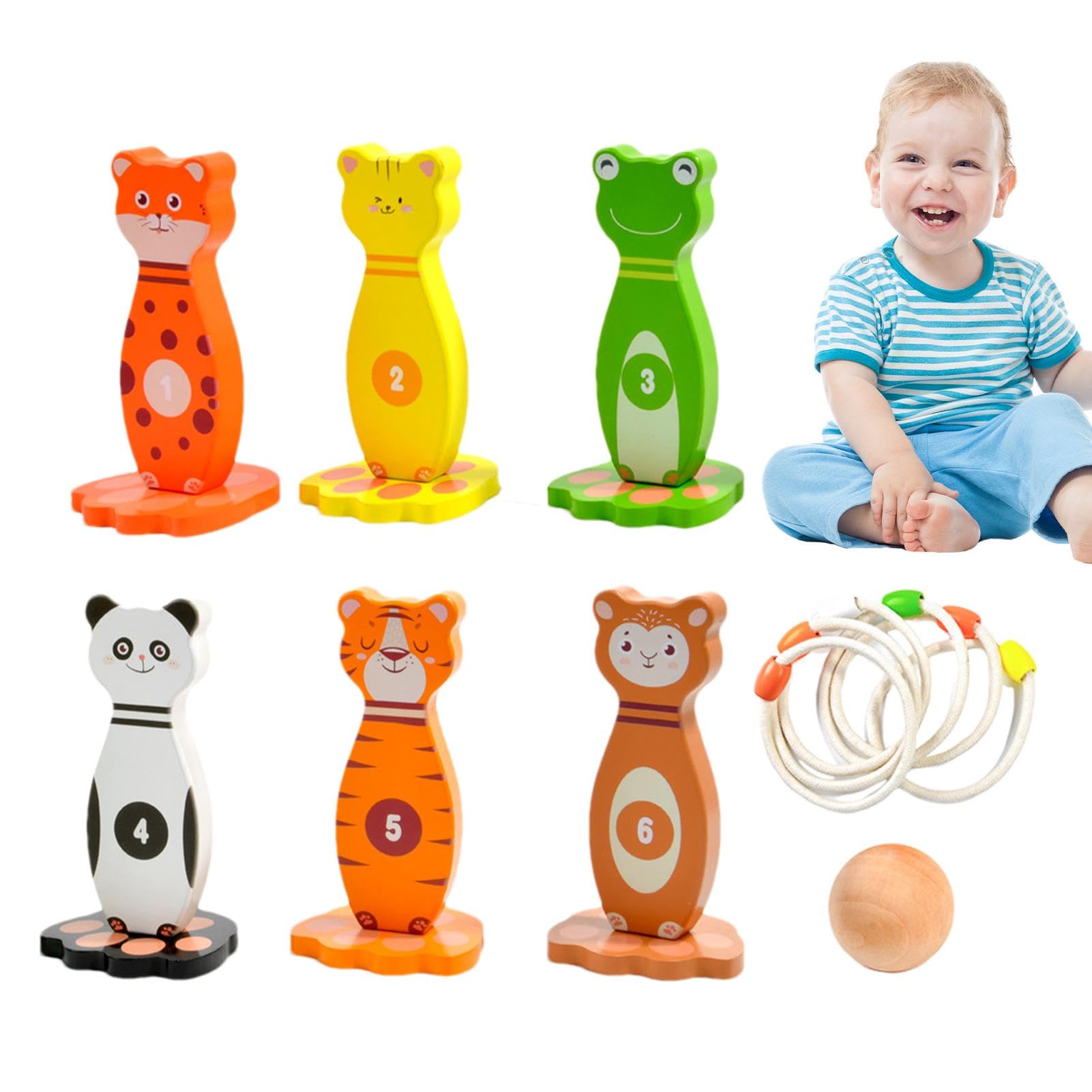 Ringwerfer, Ringwurfspielzeug, Ringwurfspiel aus Holz mit Tiermotiv | Spielzeug-Set für Vorschulaktivitäten, 6 Zielbälle und 6 Ringe,