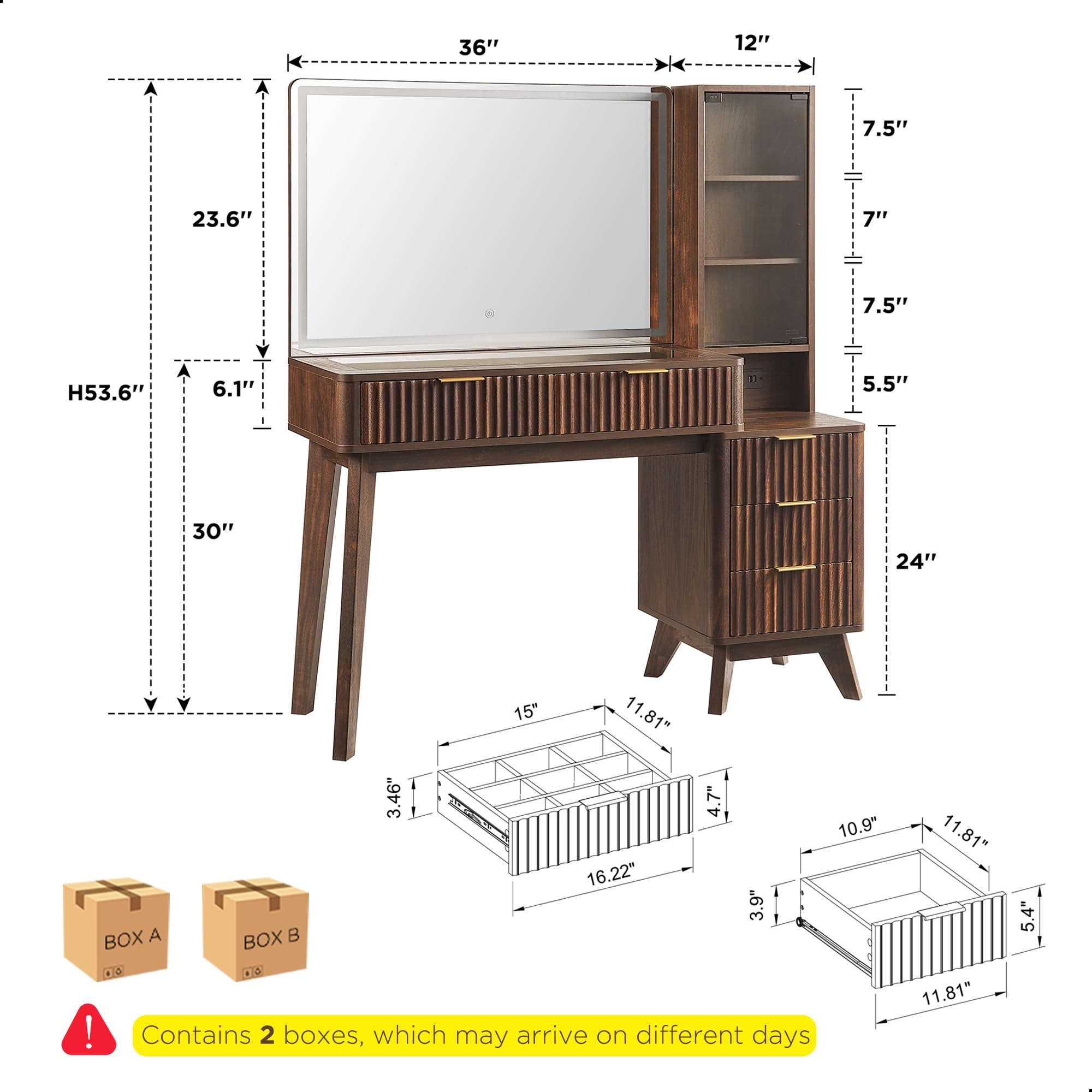 Condition photo showing New/Like New for t4tream 48" fluted makeup vanity desk with 36" lighted mirror, dark walnut | smart led mirror, visible glass top, 5 drawers & adjustable storage shelves, charging station, bedroom makeup storage