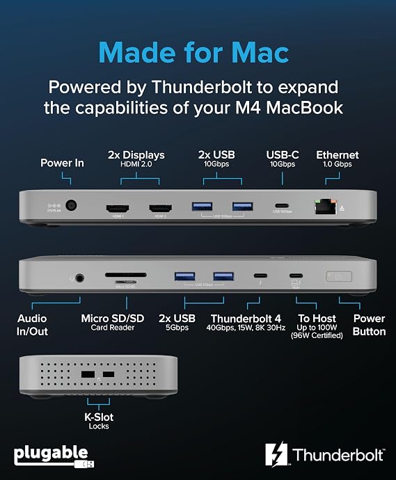 Plugable Thunderbolt 4 Dock for M4/M5 MacBook Air & Pro: 100W Charging Driverless Laptop Docking Station with 4K HDMI Dual Monitor or Single 6K, 6X USB, SD, Ethernet, Thunderbolt Certified (TBT-UDM)