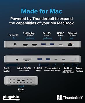 Plugable Thunderbolt 4 Dock for M4/M5 MacBook Air & Pro: 100W Charging Driverless Laptop Docking Station with 4K HDMI Dual Monitor or Single 6K, 6X USB, SD, Ethernet, Thunderbolt Certified (TBT-UDM)