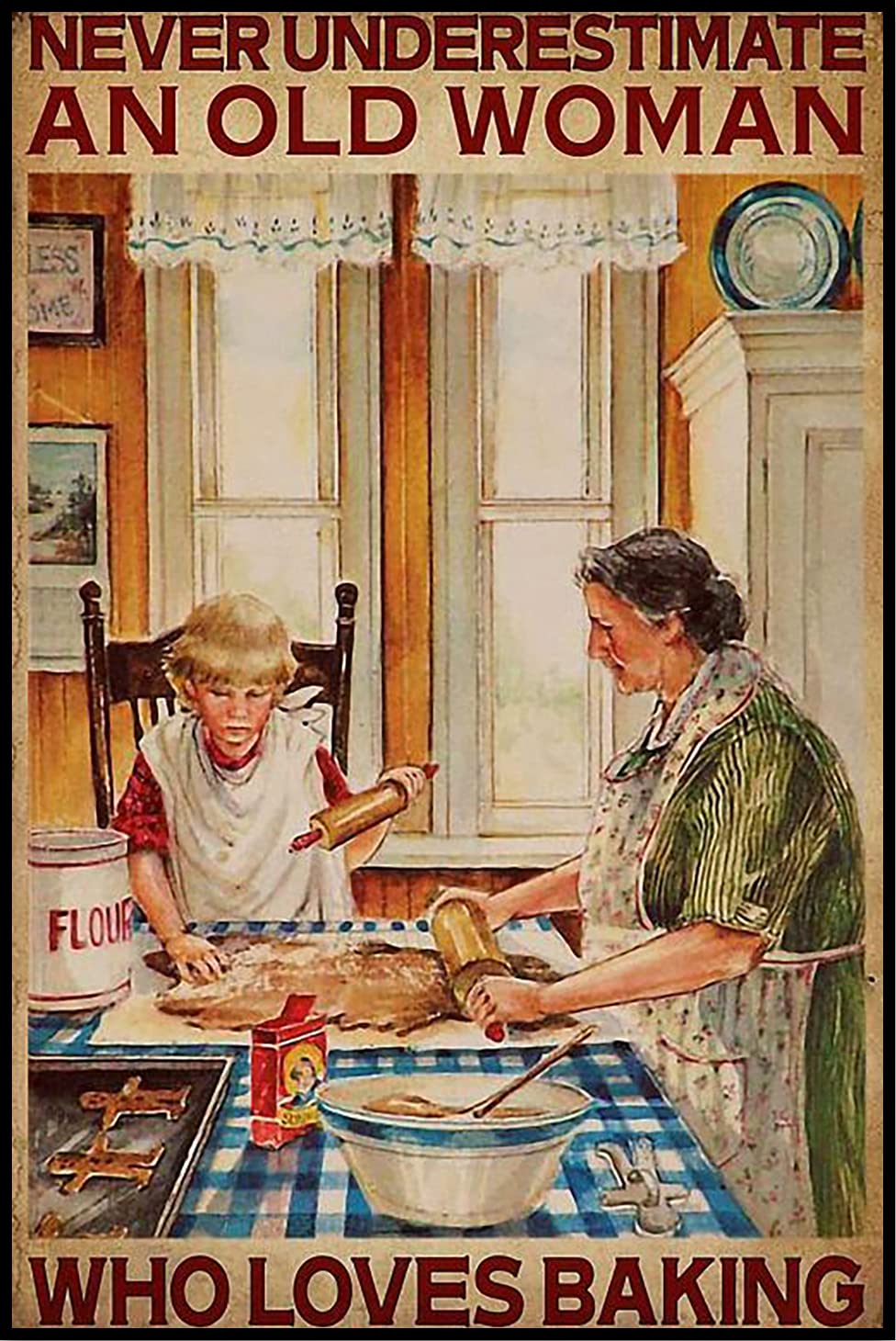 Never Underestimate Tin Metal Sign Love Baking - Kitchen and Restaurant Decoration Retro Sign Wall Art Decoration 8X12 inch