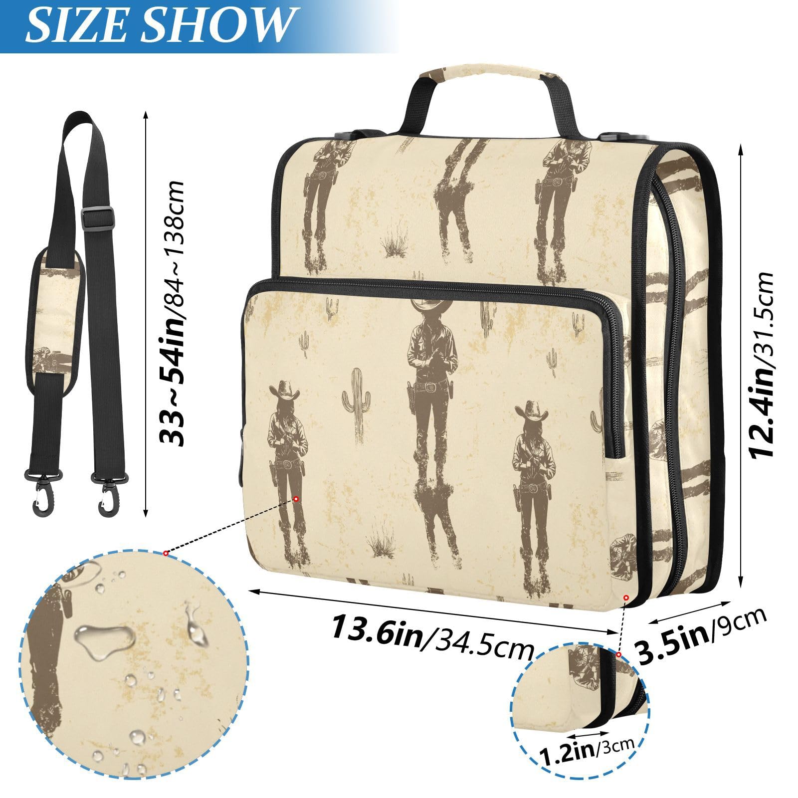 Western Cowboy Beautiful Cowgirl Gold 3 pierścienie organizer segregator z uchwytem i zdejmowanym paskiem na ramię zawiera zamek błyskawiczny