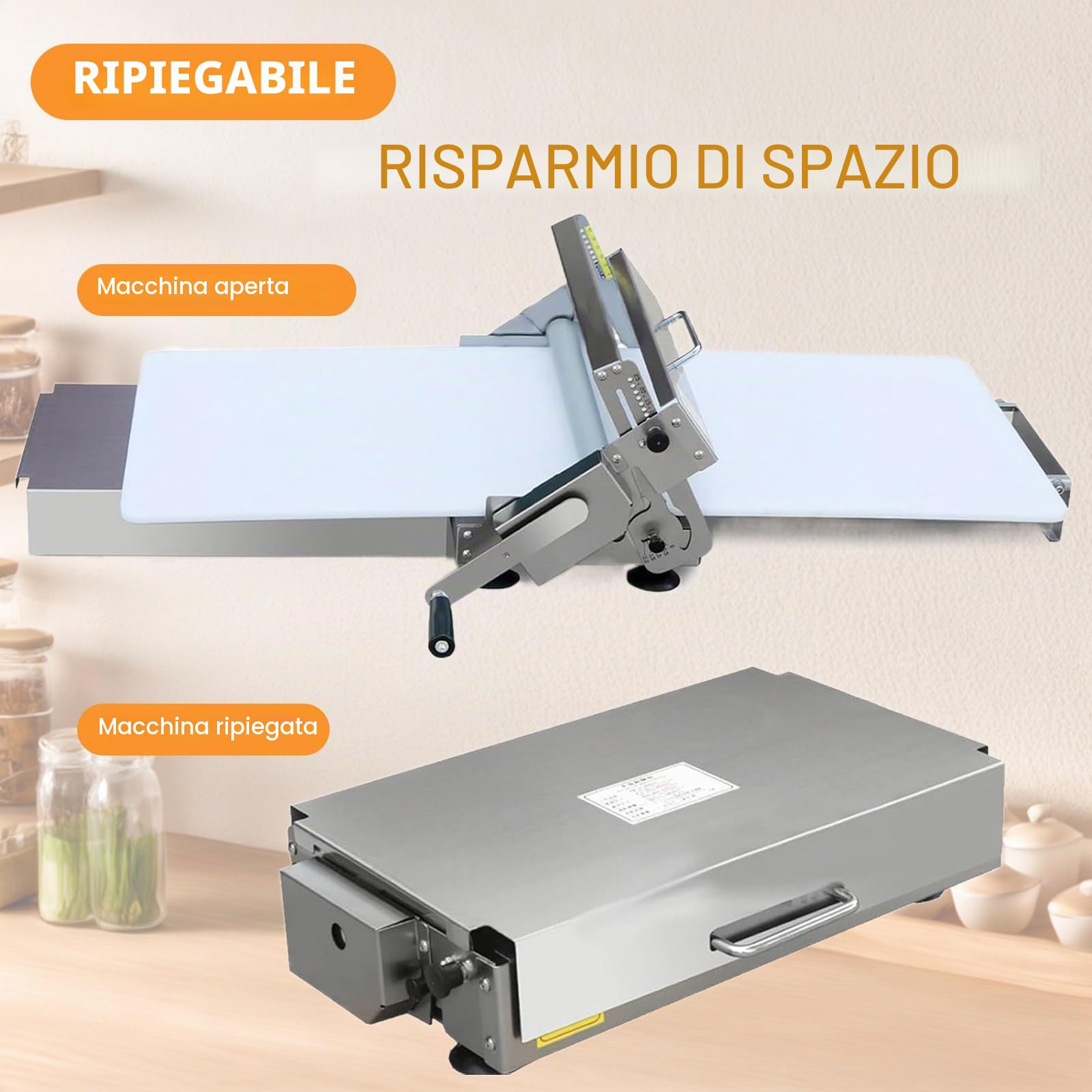 Sfogliatrice per Pasticceria e Pizza – Macchina Manuale in Acciaio Inox con Regolabile 0-25 mm, Design Pieghevole da Banco, Perfetta Come Sfogliatrice per Impasto 300-Model