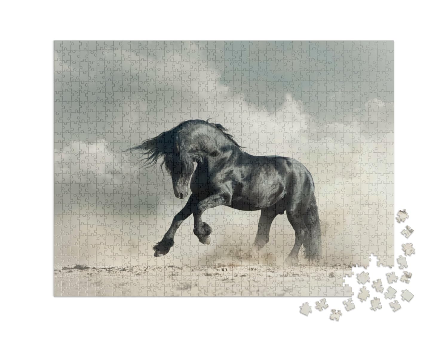 Puzzle 1000 Teile XXL „Wilder schwarzer Hengst in der Wüste, schwarz-weiß“ – aus der Puzzle-Kollektion Pferde, Friesenpferde