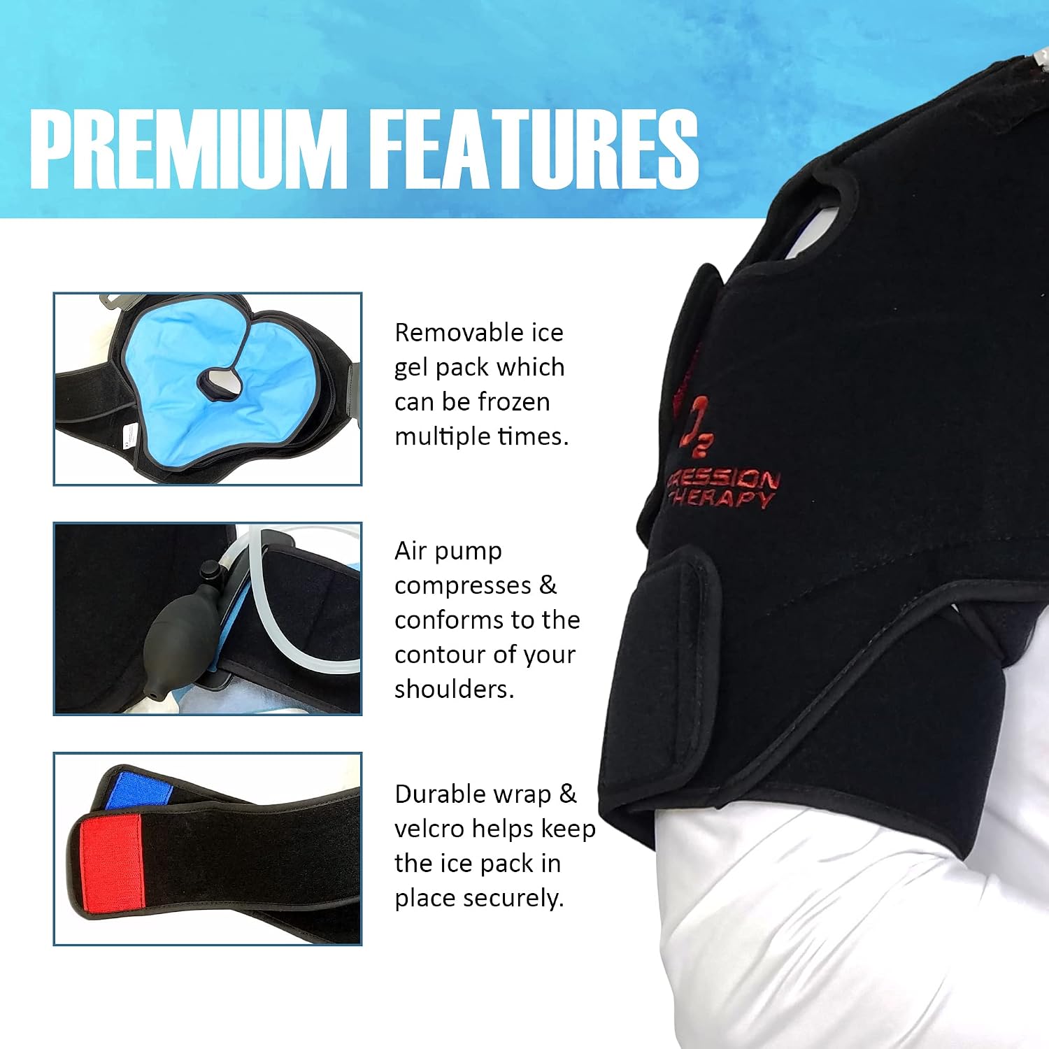 O2 Compression Cold Therapy Shoulder Brace & Air Compression Wrap, Universal Shoulder Compression Sleeve, Hands-Free Ice Pack for Shoulder & Rotator Support Brace, Shoulder Cold Wrap for Rotator Cuff
