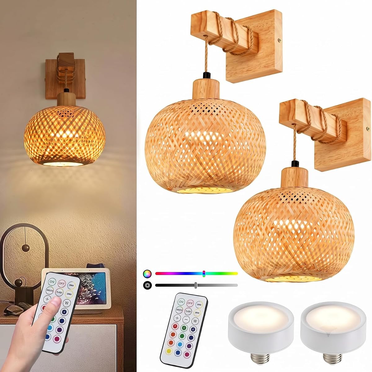Boho Bamboo Battery Operated Wall Sconce Set of Two, Bright Wood | Magnetic rechargeable battery wall sconce with 15 RGB dimmable lights for bedroom, living room, and boho home decor