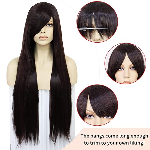 Miniatura 3 de JoneTing Peluca marrón de 32 pulgadas de largo + (gorra de peluca) con flequillo, peluca sintética de cosplay para niñas, peluca de disfraz para