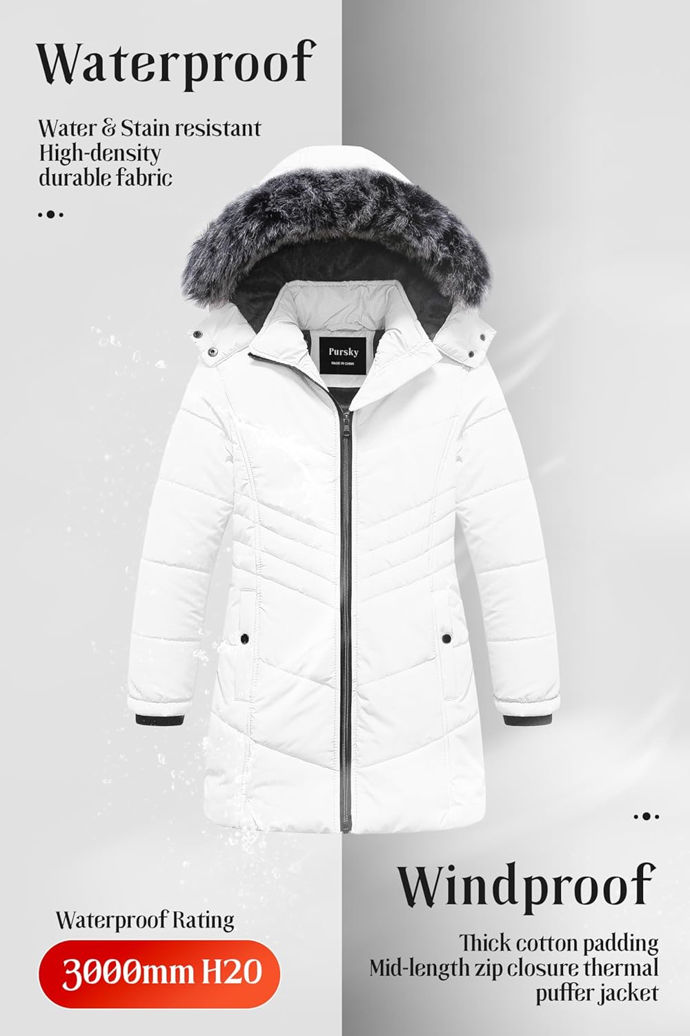 Pursky Girls' Warm Winter Coat Long Parka Fleece Lined Waterproof Puffer Jacket With Removable Hood - Image 5