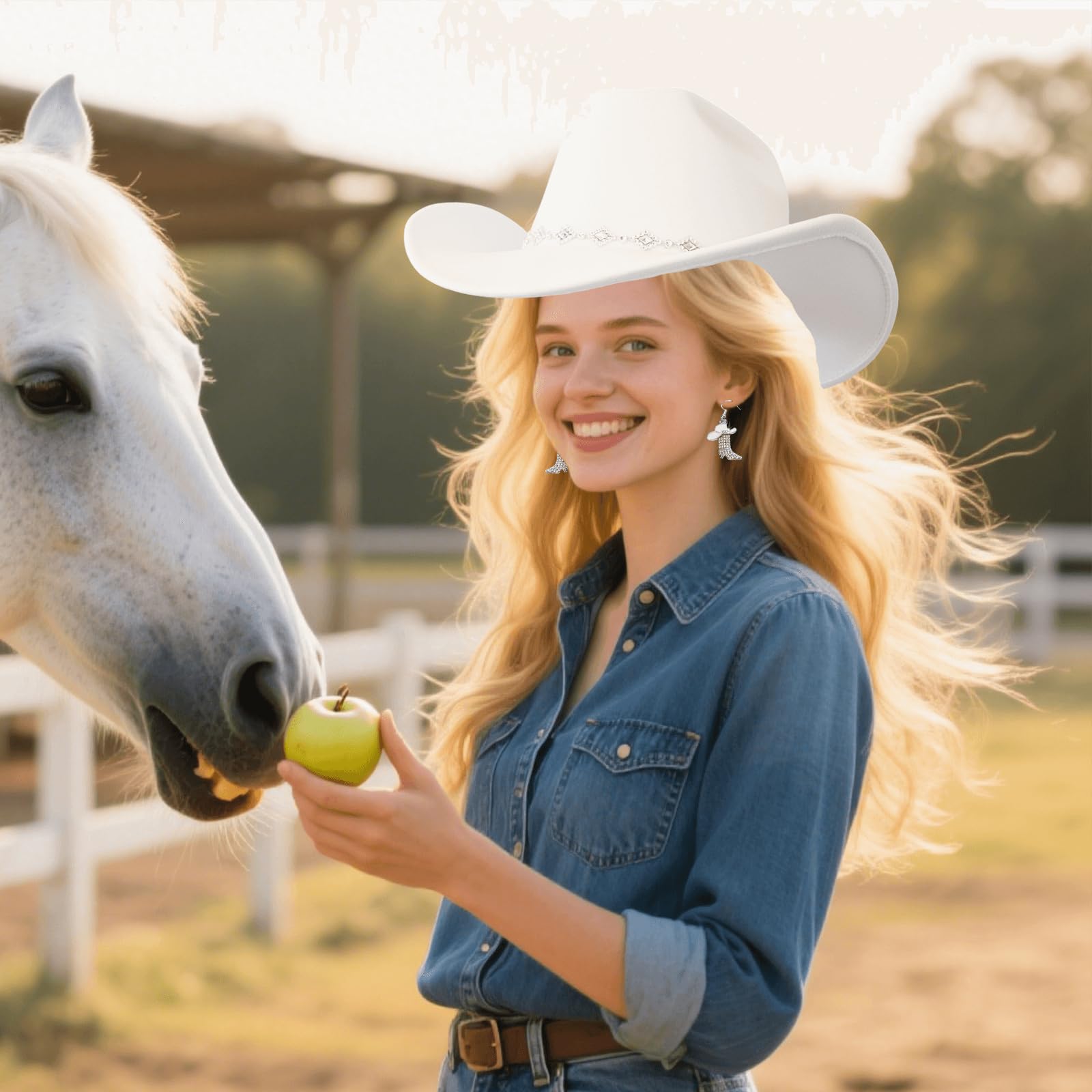 Cowboy Hats for Women with Boots Earrings - Western Cowgirl Hat Rhinestone Wide Brim Cow Girl Hat Rodeo Outfit for Women (White)