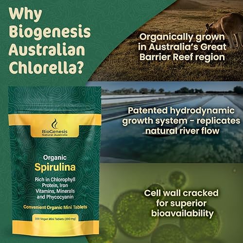 Miniatura 5 de Biogenesis Mini tabletas de espirulina orgánica, 300 unidades (200 mg)  Algas azul-verdes cultivadas en Australia  Ricas en ficocianina, clorofila y