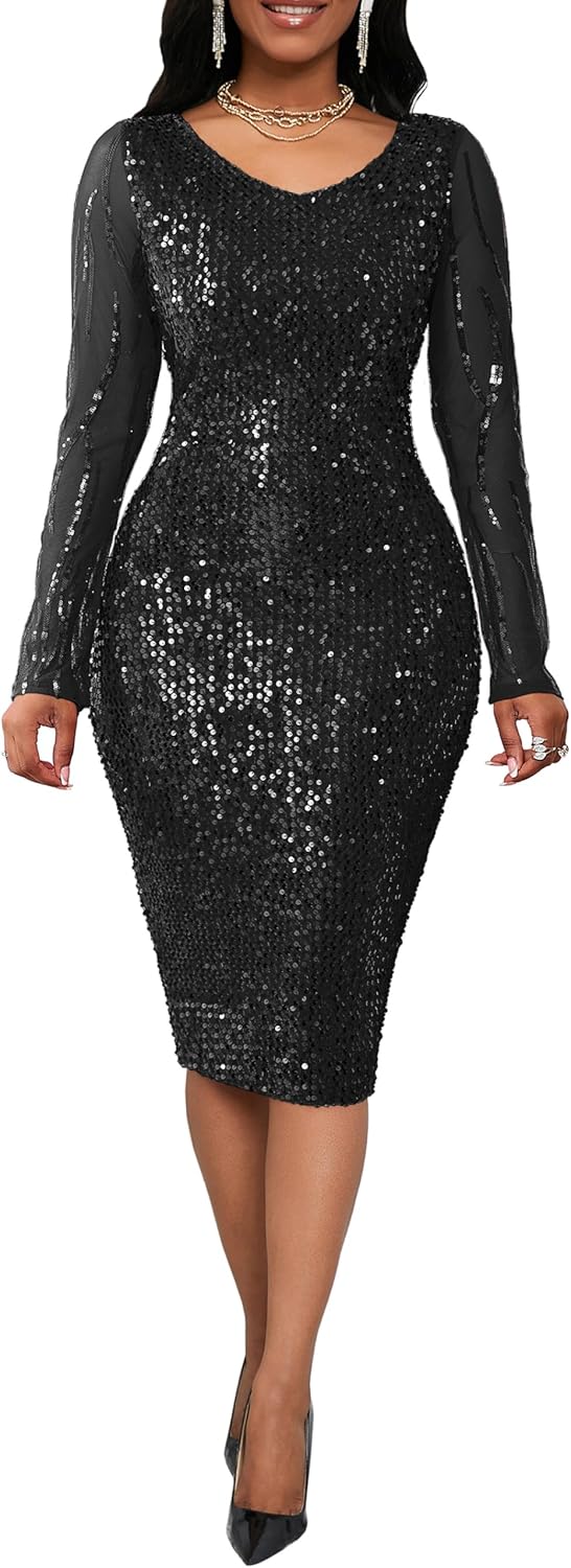 VERWIN Sequins Bodycon Sparkly V-Neck Midi Long Sleeve Prom Party Cocktail Dress