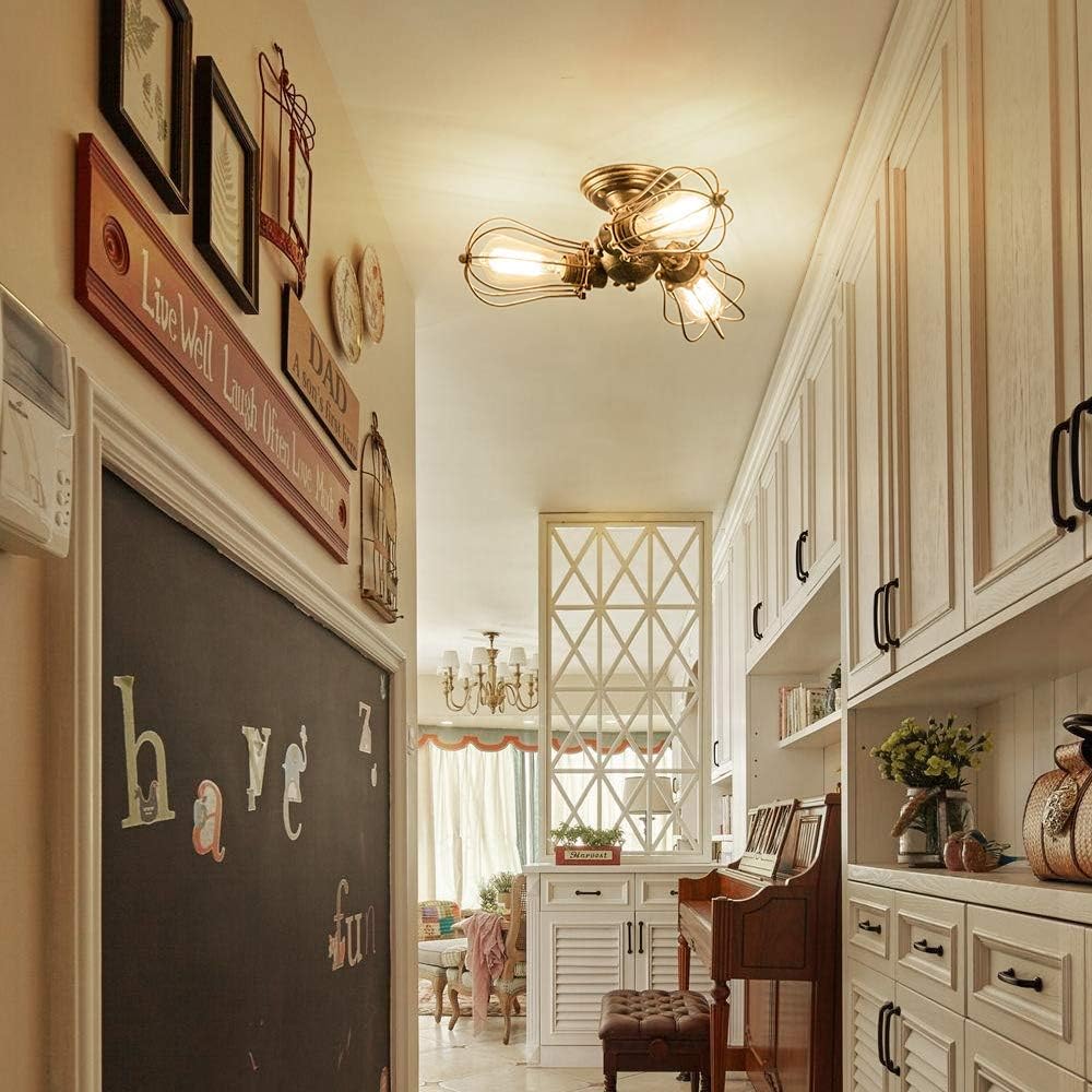 Luling Vintage Ceiling Light Industrial, Adjustable Socket Metal Wire Cage Lamp Semi-Flush Mount Rustic Ceiling Light Metal Lamp Fixtures (No Bulb) (with 3 Light) (Bronze)