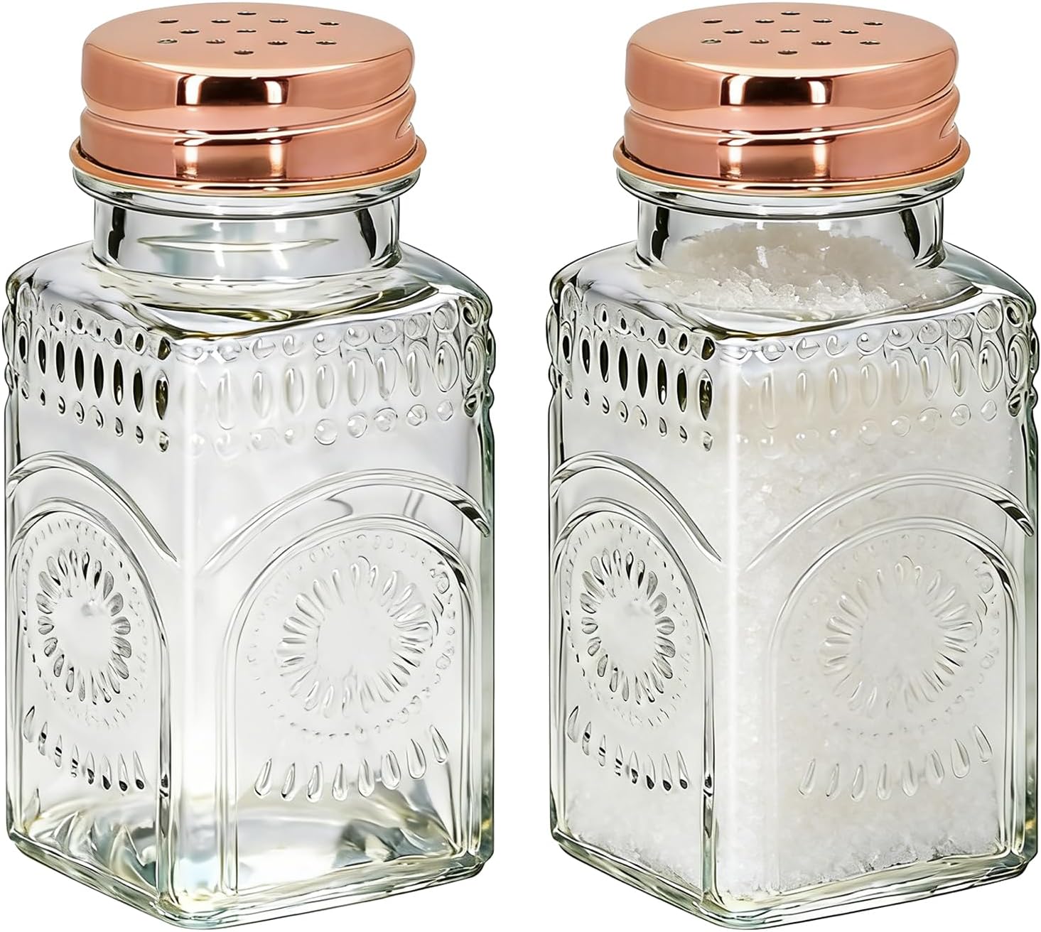 2 Pack Sunburst Floral Glass Salt and Pepper Shakers Set, Vintage Spice Shakers for Dining Room Table, Kitchen, Restaurant (Rose gold lid)