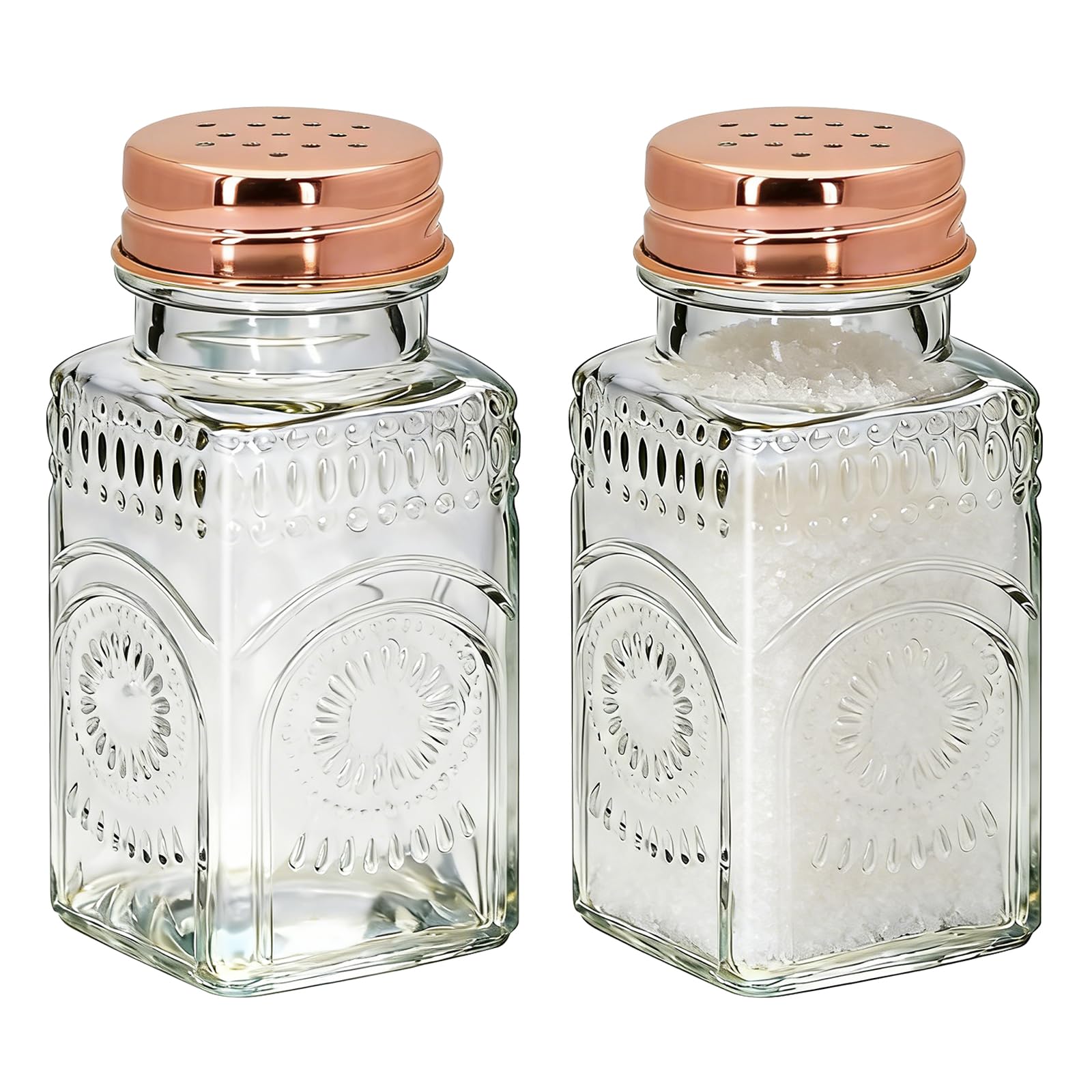 2 Pack Sunburst Floral Glass Salt and Pepper Shakers Set, Vintage Spice Shakers for Dining Room Table, Kitchen, Restaurant (Rose Gold lid)