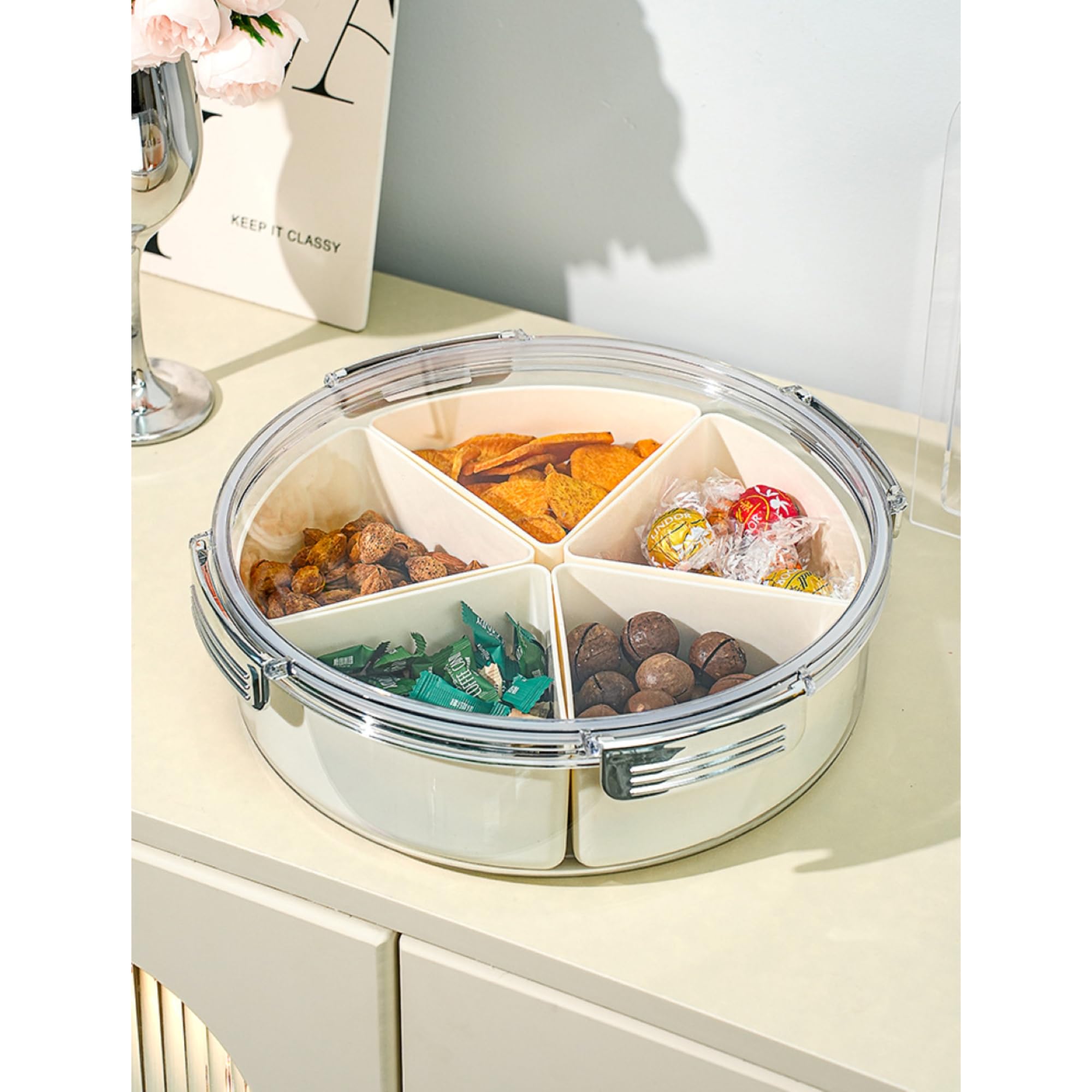 Pulreiush Beige Silber Rund Kunststoff Geteiltes Serviertablett mit Deckel, 5 Fächer Snacktablett Servierplatte für Kekse, Obst, Gemüse, Süßigkeiten und Hot Pot