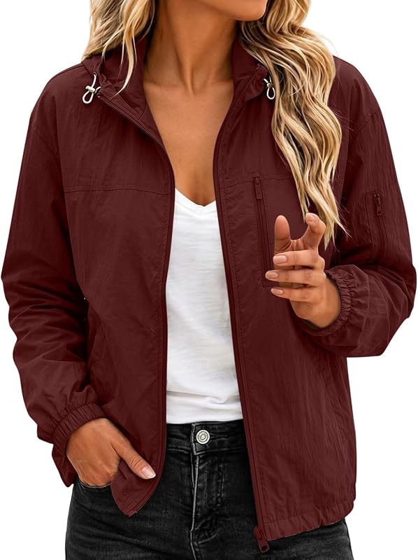 Women Lightweight Windbreaker Jacket Full Zip Drawcord Outdoor Coat