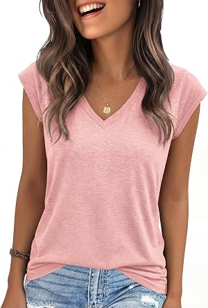 YEXIPO Womens Tops Cap Sleeve V Neck T Shirts Summer Casual Cute Shirts